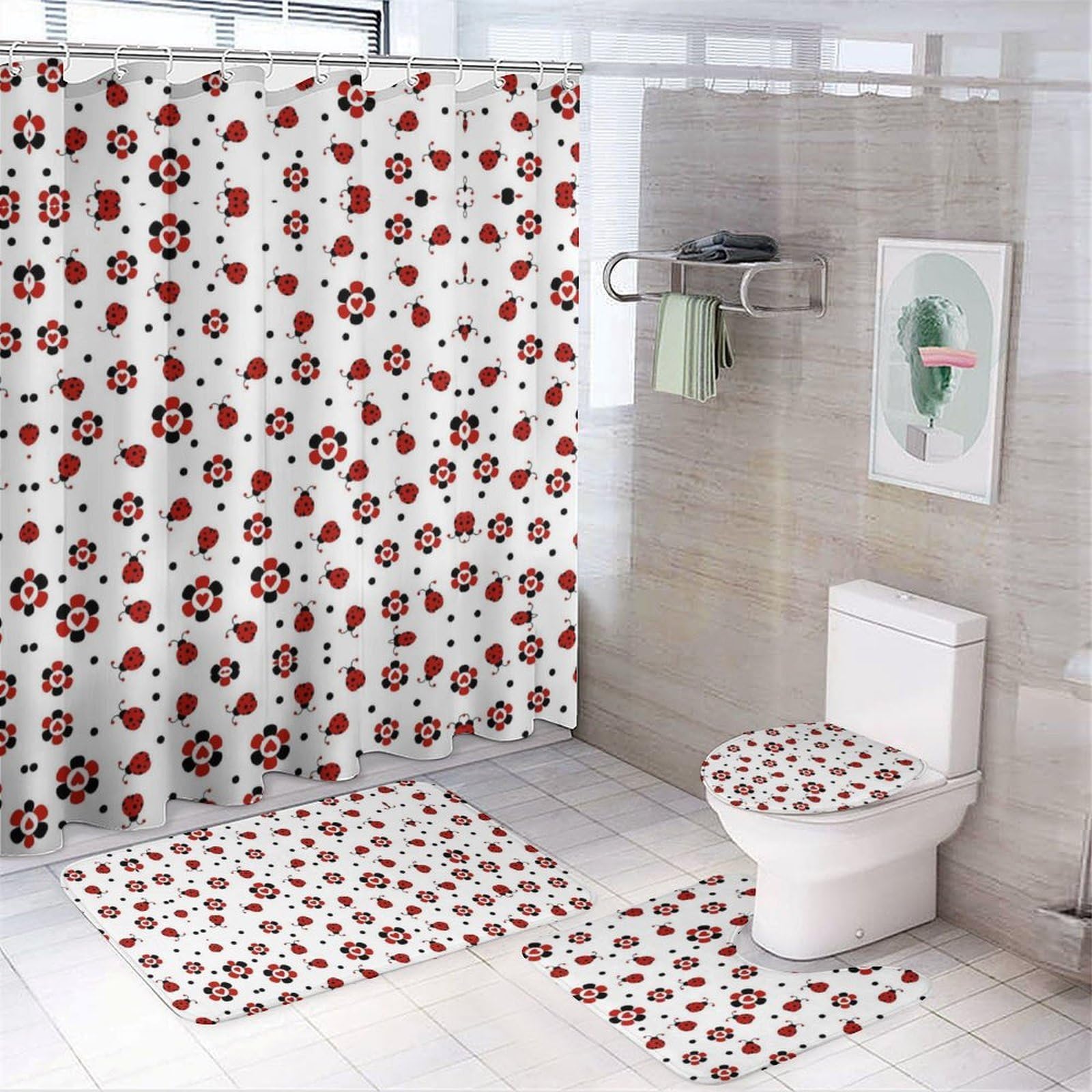 JZemdybill Bathroom Mat Set 4 Piece, Funny Ladybug Shower Curtain with Non-Slip Bath Mats for Bathroom
