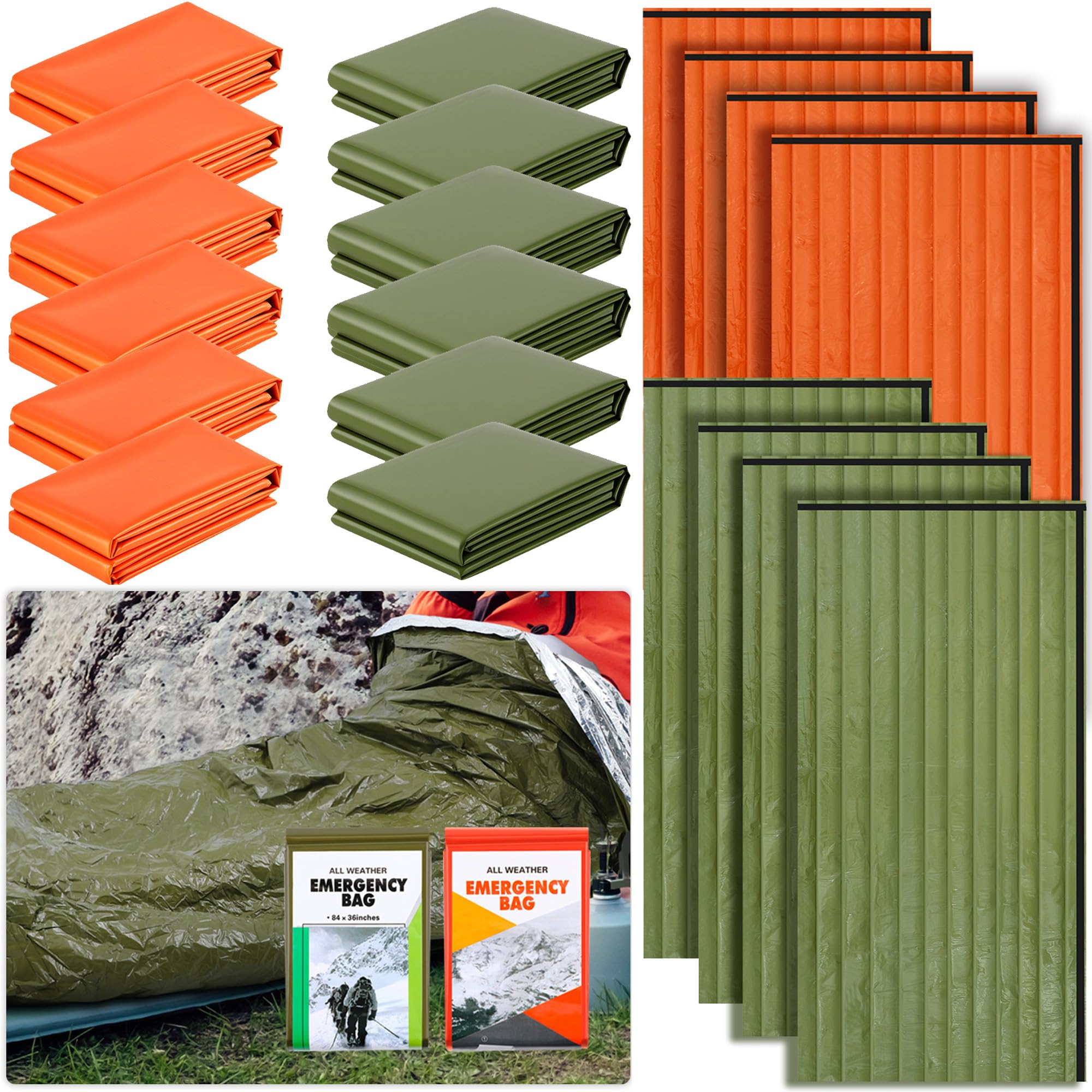 Preboun Notfall-Schlafsack, tragbar, leicht, Thermo-Schlafsack, wasserdicht, Notfalldecke, Überlebensausrüstung für Outdoor, Camping, Wandern, Obdachlose, Unterschlupf (Orange, Grün)
