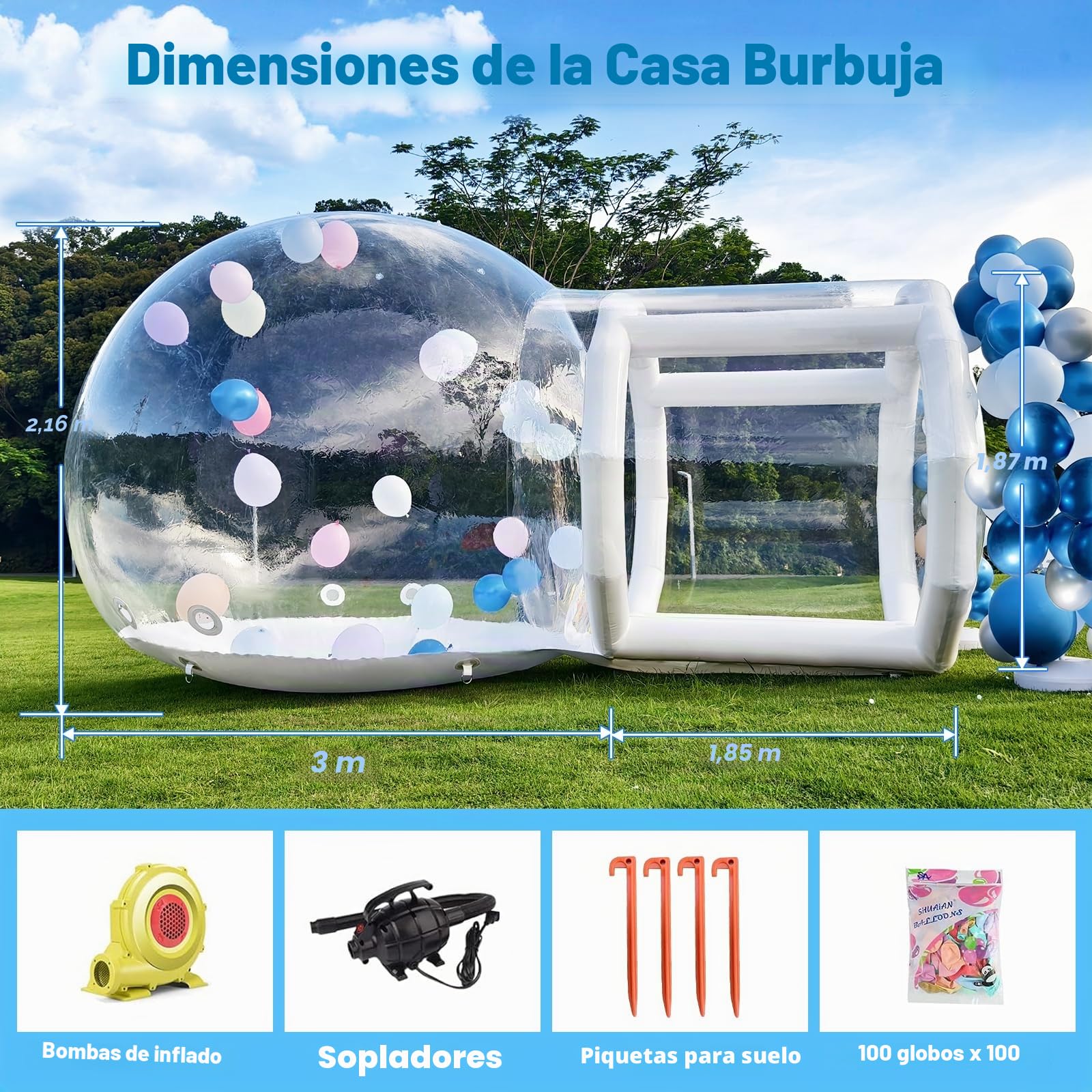 Tienda de campaña inflable transparente con túnel, incluye soplador de aire de 550 W y bomba de aire de 600 W, perfecta para fiestas y juegos, Navidad (blanco, 3 m)