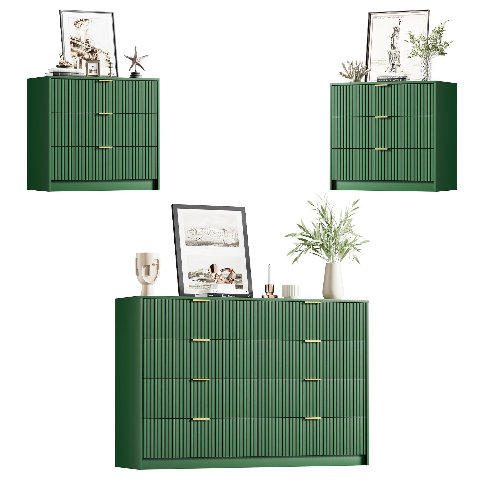 3 Piece Modern Bedroom Set, 8 Drawer Dresser with 2 Nightstands, Green
