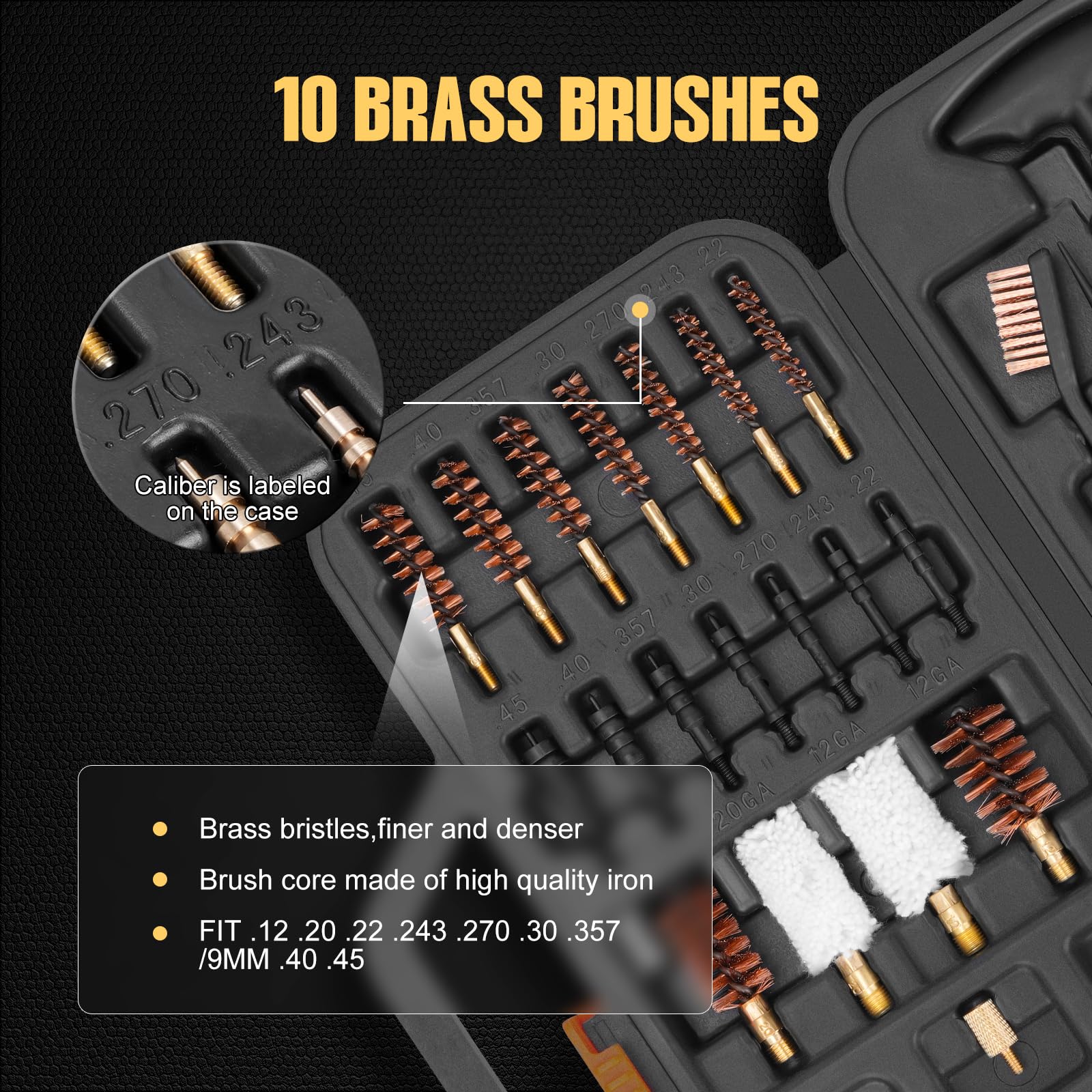 BOOSTEADY Kit de Limpieza Armas Universal, Accesorios Caza Kit Limpieza Fusil para Pistola Rifle Carabina con Varillas de Latón & Jag de Plástico para .22 .357/9MM .30 .40 .45 .243 .270 12GA 20GA