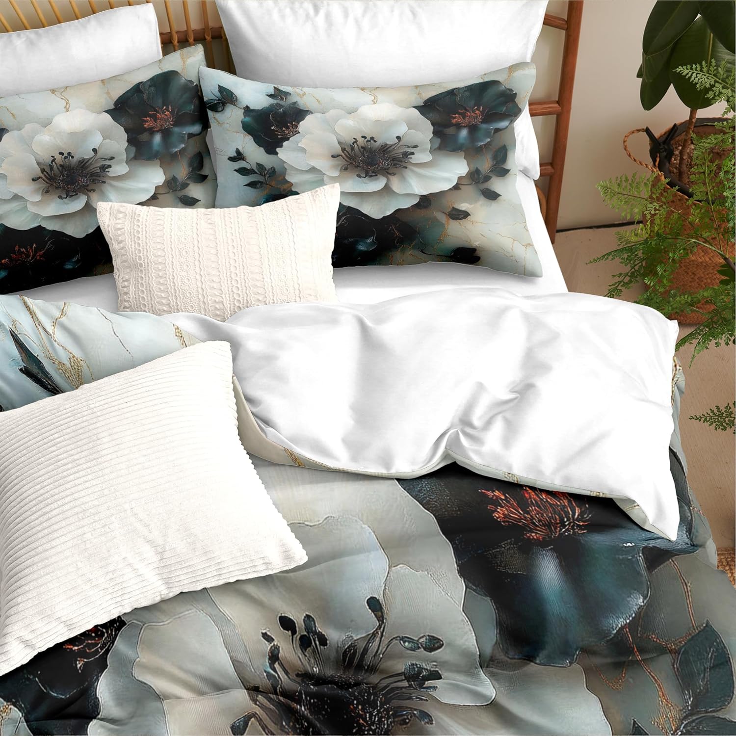 White Peony King Comforter Set, Soft Emerald Green Flower Lightweight Comforter for Women Bedroom Decor, 3 Pieces Microfiber Abstract Marble Texture Bedding Set All Seasons (90" X 104")