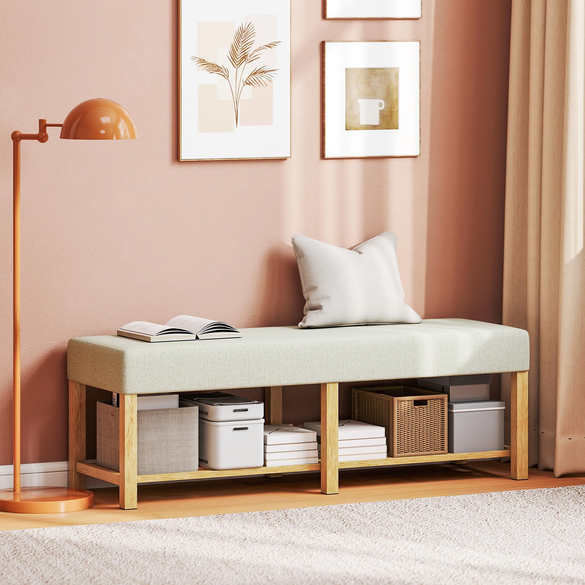 HOMCOM Banco Zapatero Banco Recibidor 140x44x48 cm Crema y Madera Natural | Asiento Acolchado para 2 Personas, Estante Abierto, Marco de Madera, para Entrada Pasillo Salón