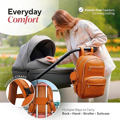 Miniatura 4 de Mochila galardonada de cuero premium para pañales, elegante, duradera, impermeable, de piel vegana con cambiador de PEVA y reposacabezas de bebé,