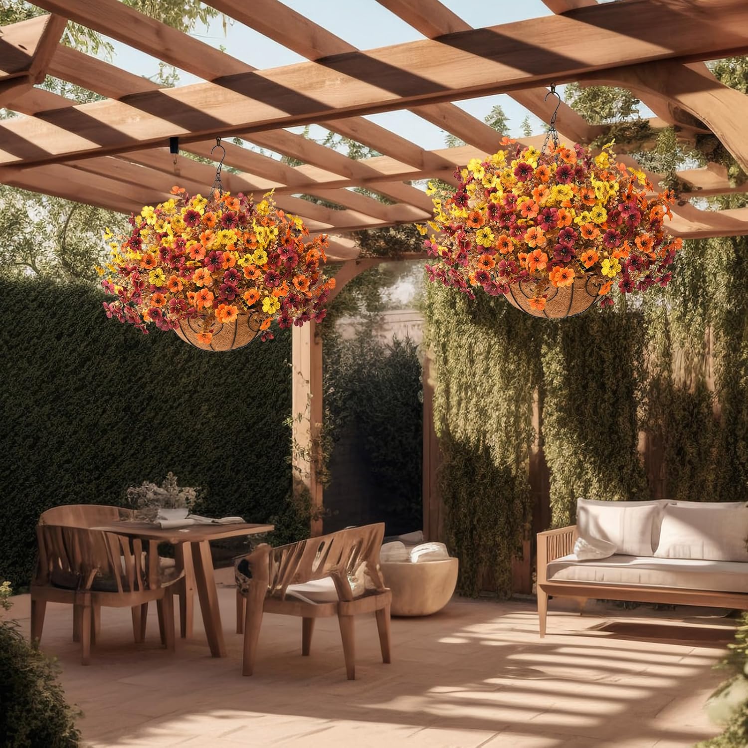 Artificial Fake Hanging Baskets Fall Flowers for Outdoors Decoration, Faux Silk Mums Plants UV Resistant Look Real Outside Yard Patio Front Porch Garden Balcony Home Autumn Decor (Orange Yellow Brown) - Image 8