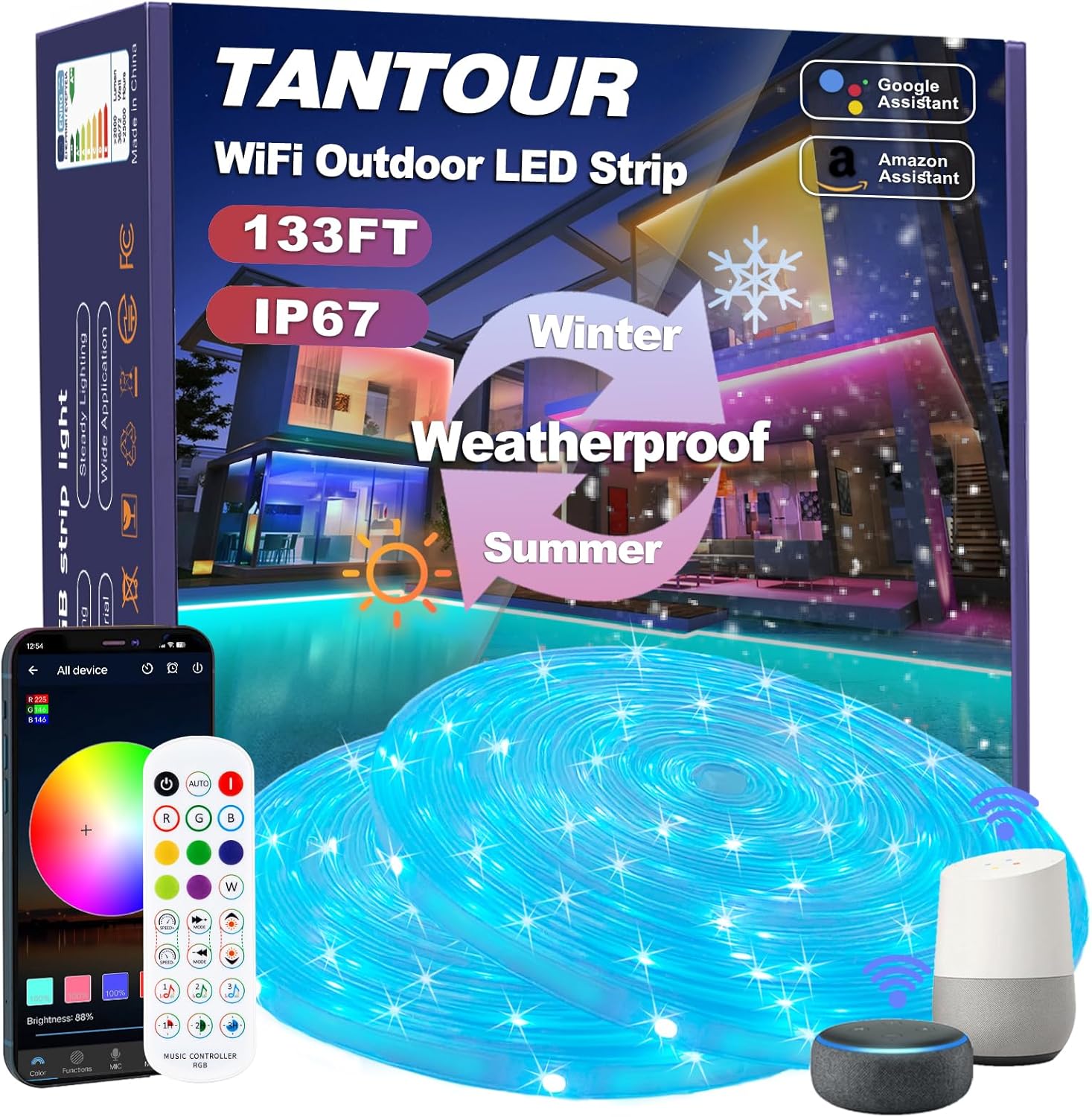 133FT Tantour IP67 WiFi Outdoor LED Strip Lights Waterproof, RGB LED Rope Lights Sync Music for