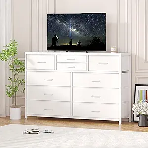 Jojoka Wide 10 Drawer Dresser,TV Stand Entertainment Center Fabric Storage Dressers Drawers for Bedroom, Hallway, Nursery, Closets, Steel Frame, Wood Top (White)