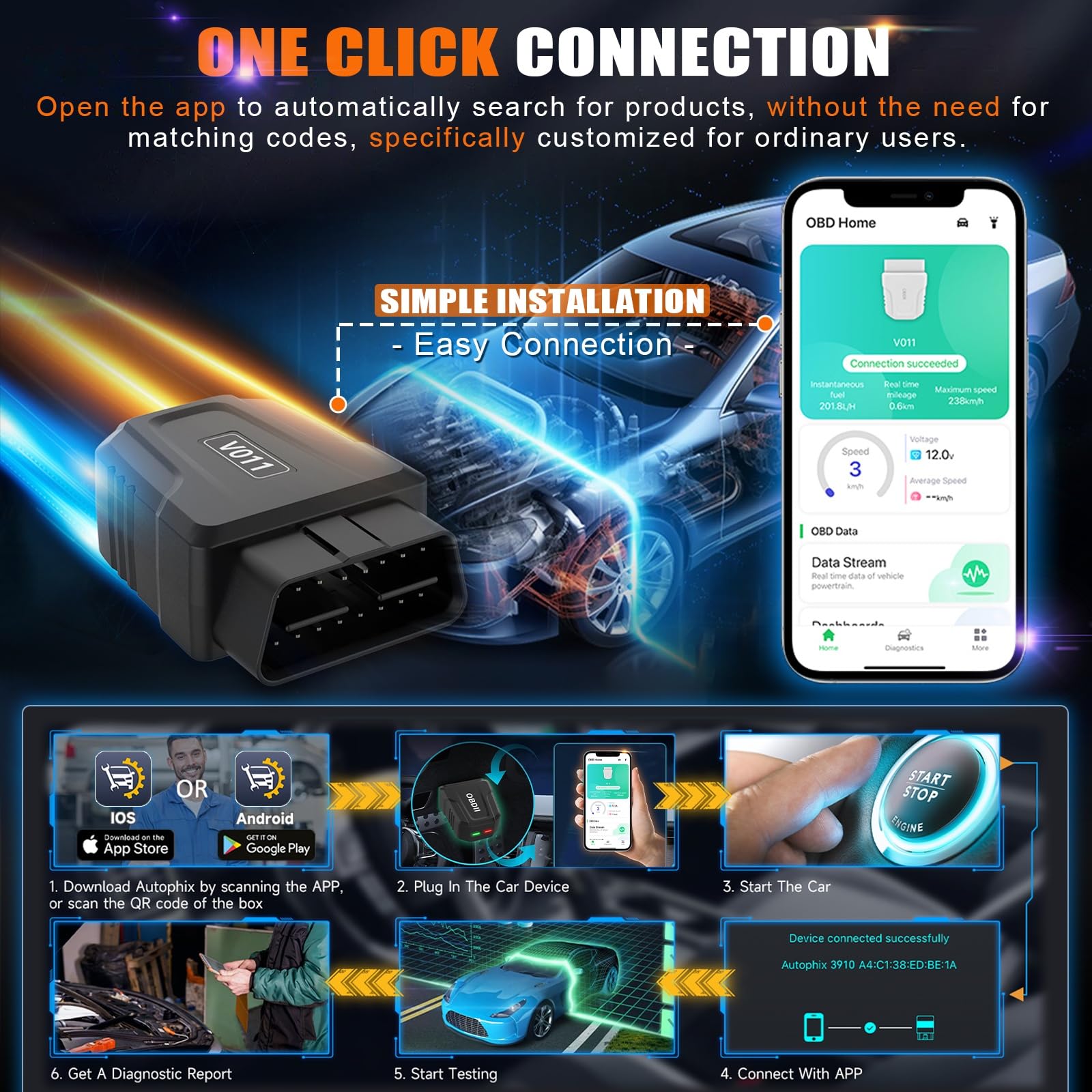 Skaner OBD2 ulepszony bezprzewodowy czytnik kodu samochodu z automatycznym wykrywaniem silnika Bluetooth 5.4, mini narzędzie do automatycznej diagnostyki dla iOS Android i Windows