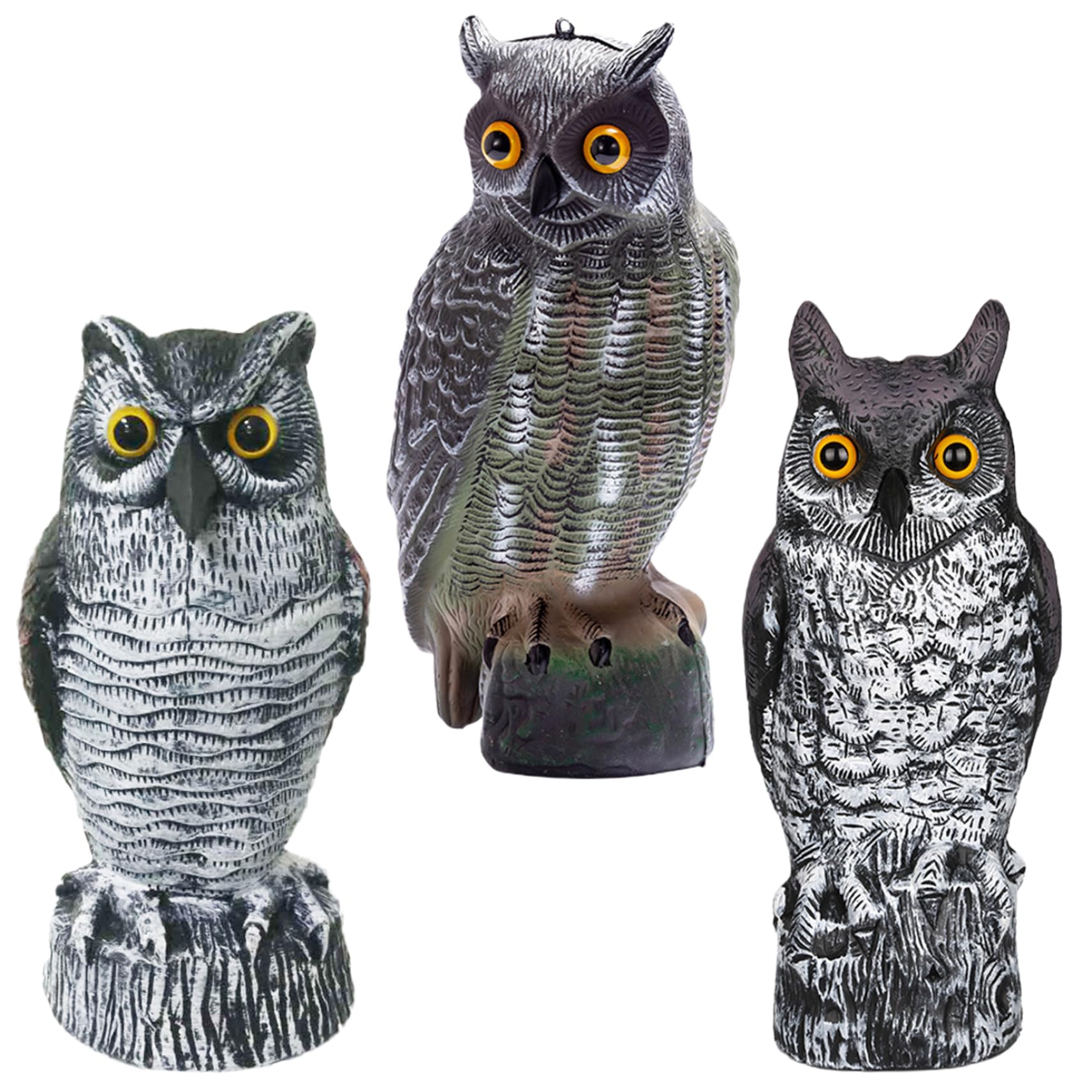 Whyzsjnclg 3Pcs Owl, 3 Packs Owl Realistc Statue 3 Styles Decoy To Scare Birds Away Pigeon Bird Deterrent Scarecrows Plastic Bird Scarers Decor For Garden, Patio, Fence, For Daily Use