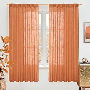 LAMIT Sheer Linen Curtains 63 Inch for Bedroom, Light Filtering Country Decor Semi Sheer Farmhouse Boho Curtains Back Tab and Rod Pocket Living Room Panels, Burnt Orange, 2 Panels, 52 x 63 Inch