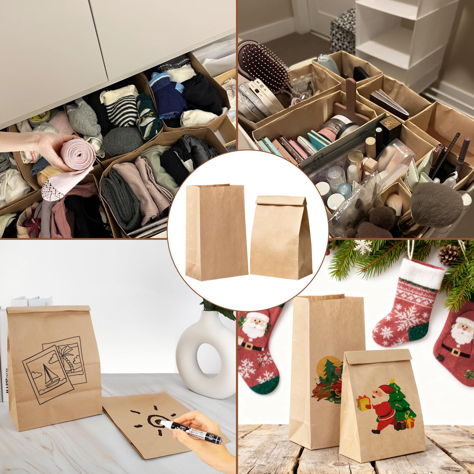 50 Sacs En Papier Kraft 30x20x12.5 Cm - Sacs Cadeaux Marron Pour Fête, Mariage, Noël