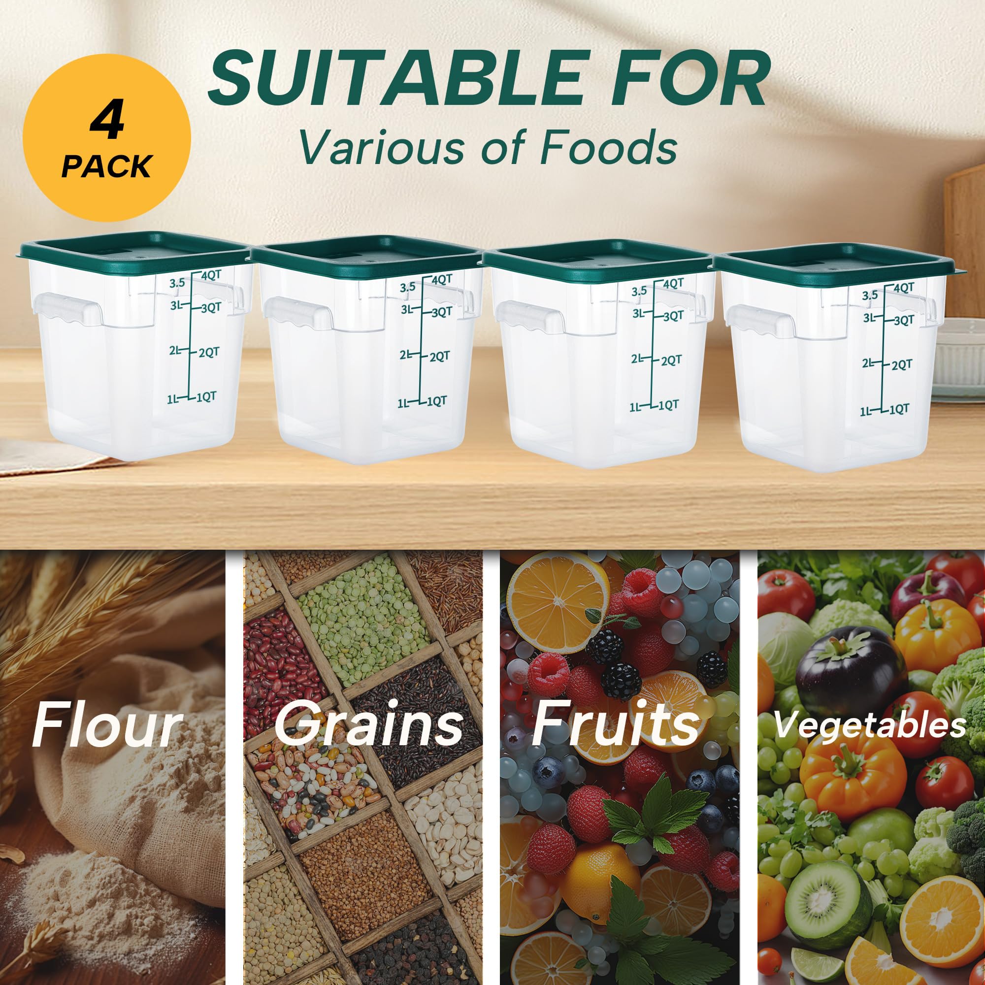 Paquete de 4 recipientes de almacenamiento de alimentos de 4 cuartos con tapas, organización de alimentos NSF, cuadrados, transparentes, policarbonato