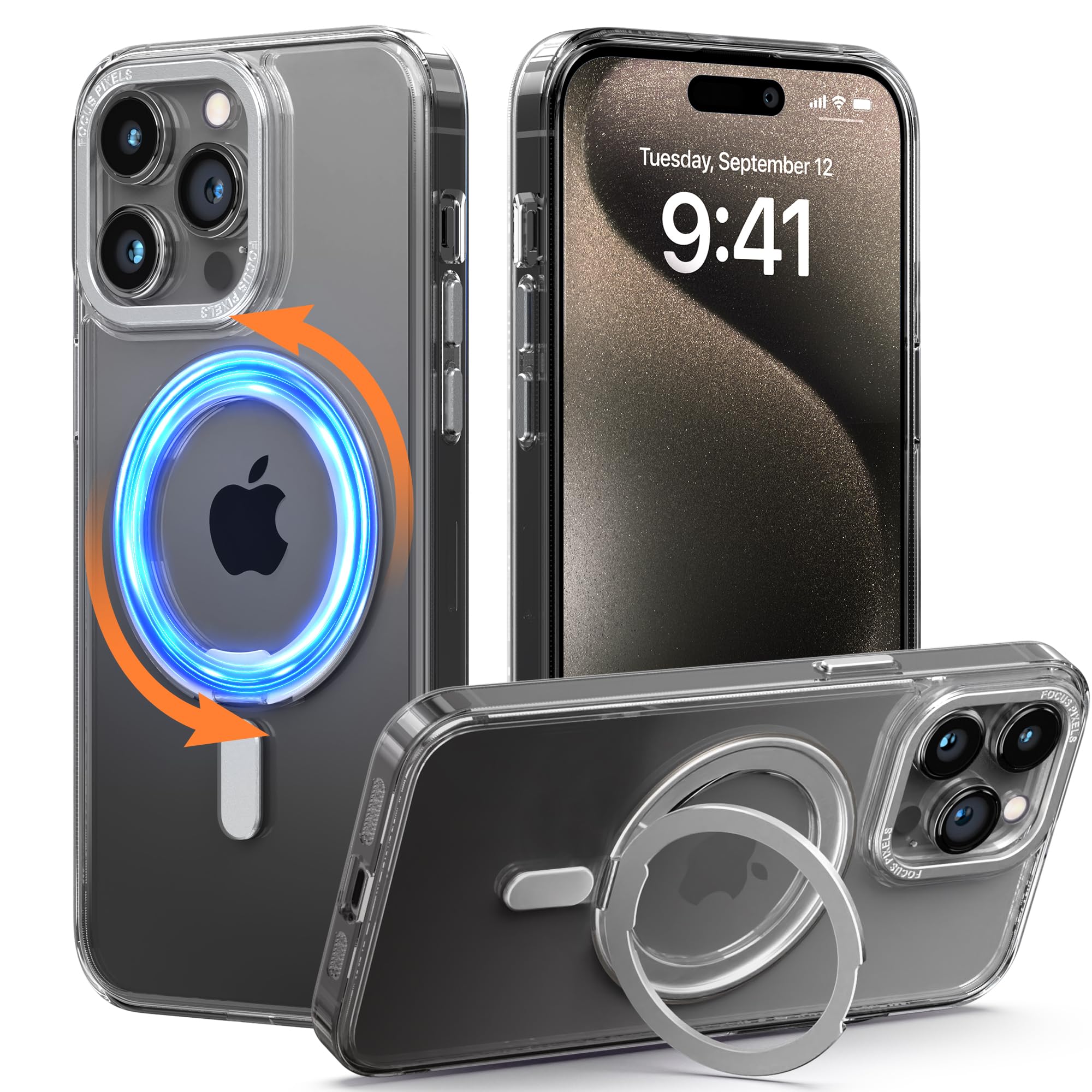 LOHASICfor iPhone 15 Pro Case with Magnetic Fold Stand,360° Rotatable Ring Holder,[Compatible with MagSafe] Clear Slim Shockproof Protective Phone Cover for iPhone 15 Pro 6.1" (2023) - Clear