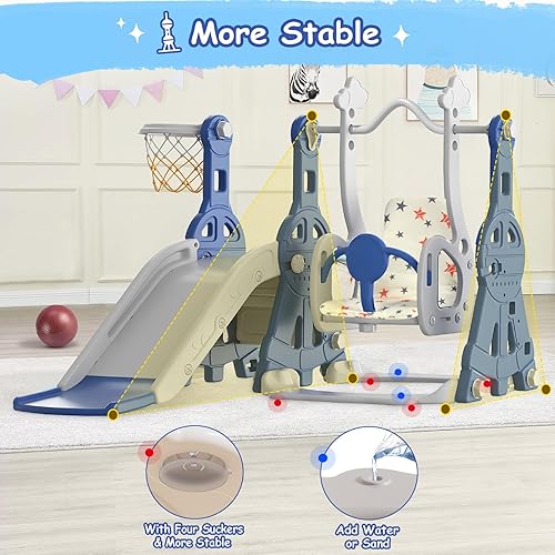Miniatura 6 de BIERUM Juego de tobogán y columpio 4 en 1 para niños pequeños de 1 a 2 años, con aro de baloncesto, juego para interiores y exteriores, parque