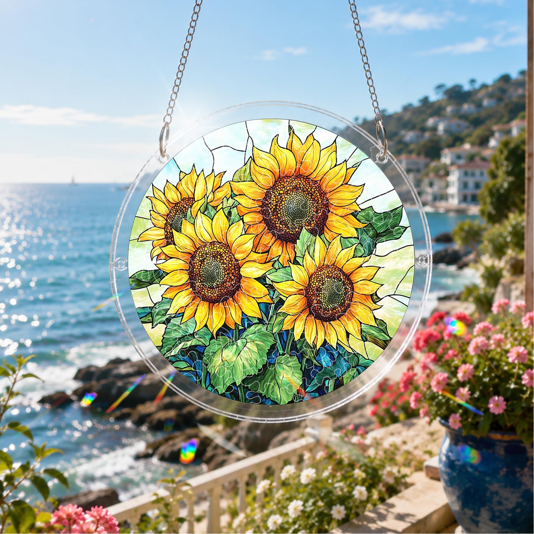 Sunflower Acrylic Puzzle Suncatcher Window Hanging, 83 Piece Colorful Stained-Glass-Style Sun Catcher Decor, 18 cm with Stainless Steel Hanging Chain for Window, Door, Home &Garden Decor, Gift-66