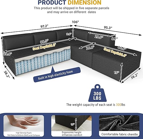 Miniatura 2 de Juego de sofá modular modular de 5 piezas de 97 pulgadas + 57 pulgadas, sofá grueso de 2 3 4 asientos, en forma de L, no se ensambla para sala de