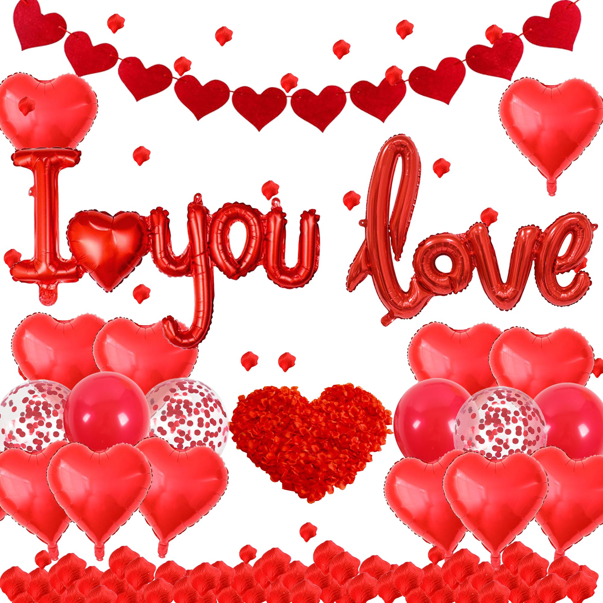 I Love You Balloons Decorations - Red Valentine's Day Party Supplies Includes Garland Rose Petals Love Letter Latex Balloons for Proposal Engagement Birthday Anniversary Surprise Party