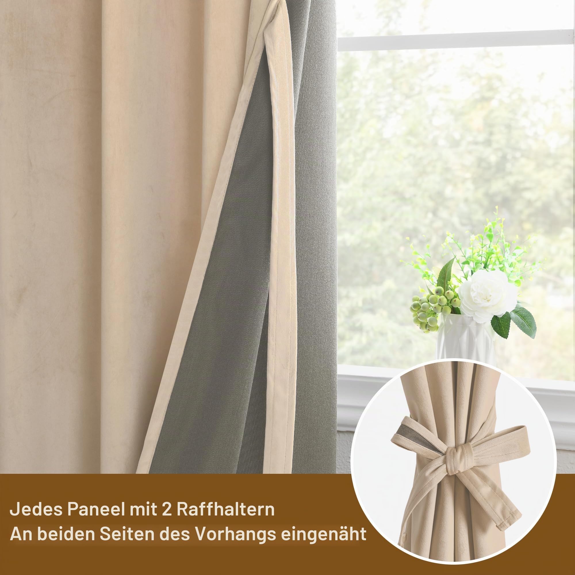 DWCN Hellbeige Samtvorhang Ösen 2er Set H245xB140cm mit Vorhang-Krawatten | Blickdichte Vorhänge Samt für Schlafzimmer Wohnzimmer, Weich Gardinen Verdunkelung Curtains Blickdicht Thermovorhang Winter