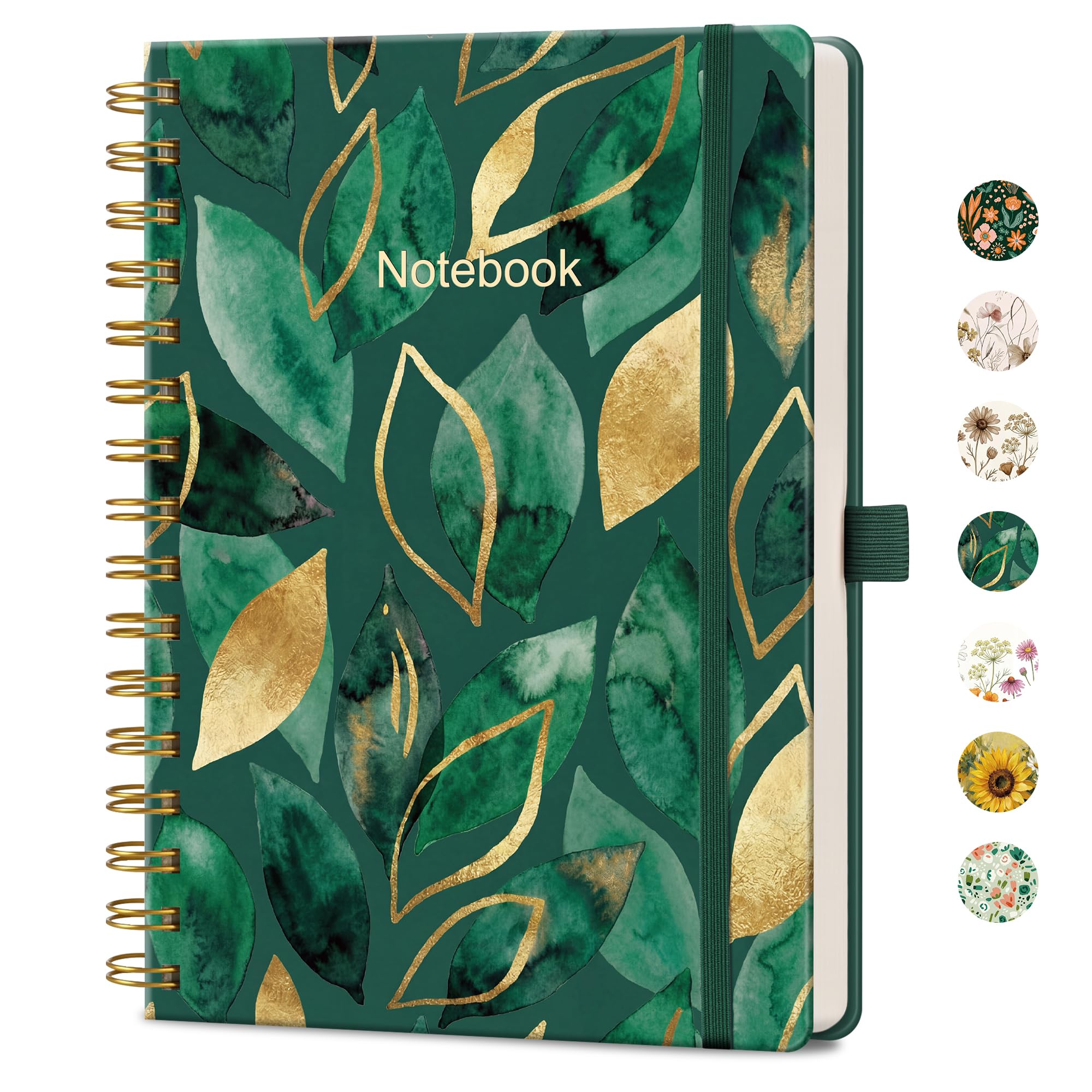 AUTEMPO A5 Spiral Notebook, 160 Lined Pages, Golden Emerald Leaves