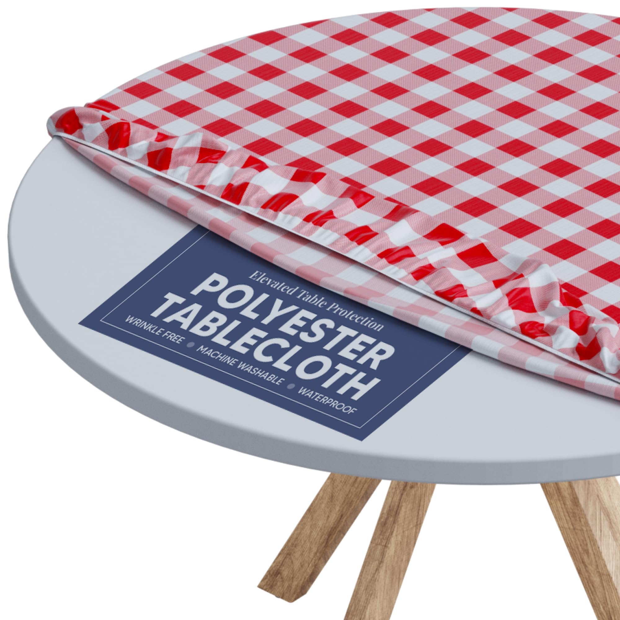 Round Tablecloth of Polyester -Fitted with Elastic, Water Proof, Washable, Fits for Table 36 Inches Round, Checked Red Design, for Indoor/Outdoor
