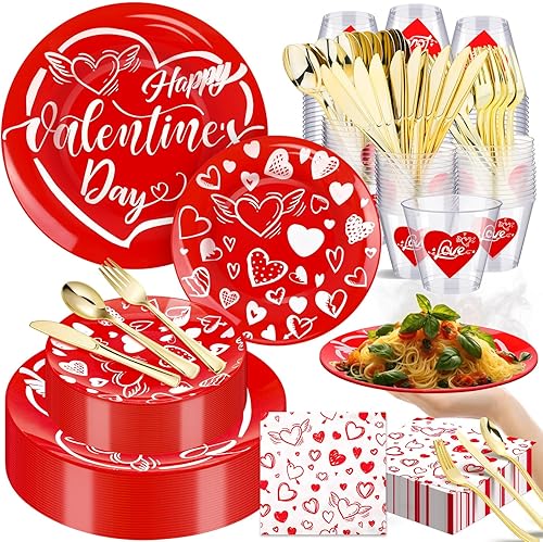 Juego de vajilla de plástico para el día de San Valentín, 175 piezas, platos de plástico desechables rojos y blancos, diseño de corazones de amor,
