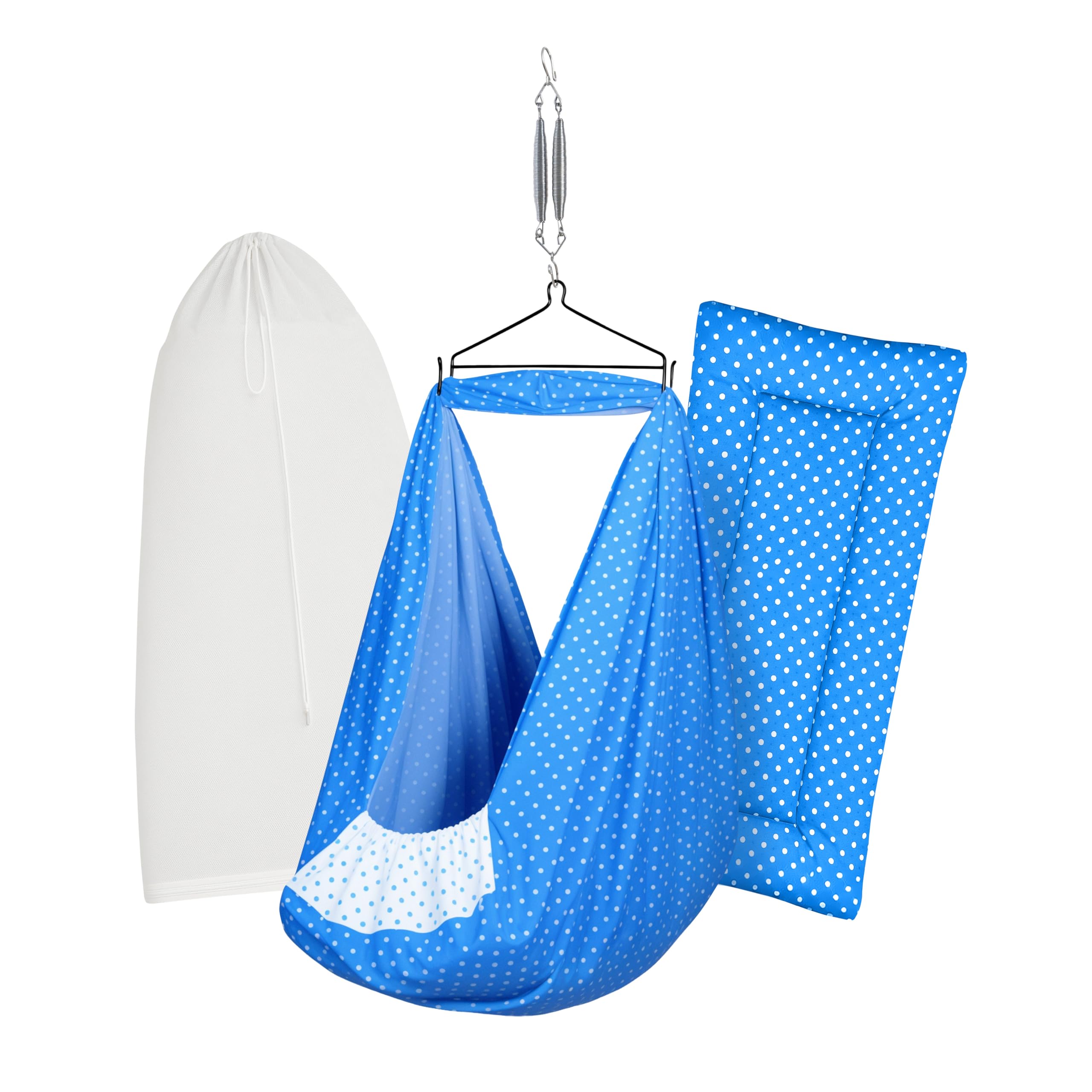 beetot Baby Cradle Set Swing/Jhula (Thottil Cloth, Palna, Dolna) | Hanging Cradle with Removable Bed, Mosquito Net, Spring, Triangle Hanger | Up to 15 kg | PRE-Dark Blue DOT