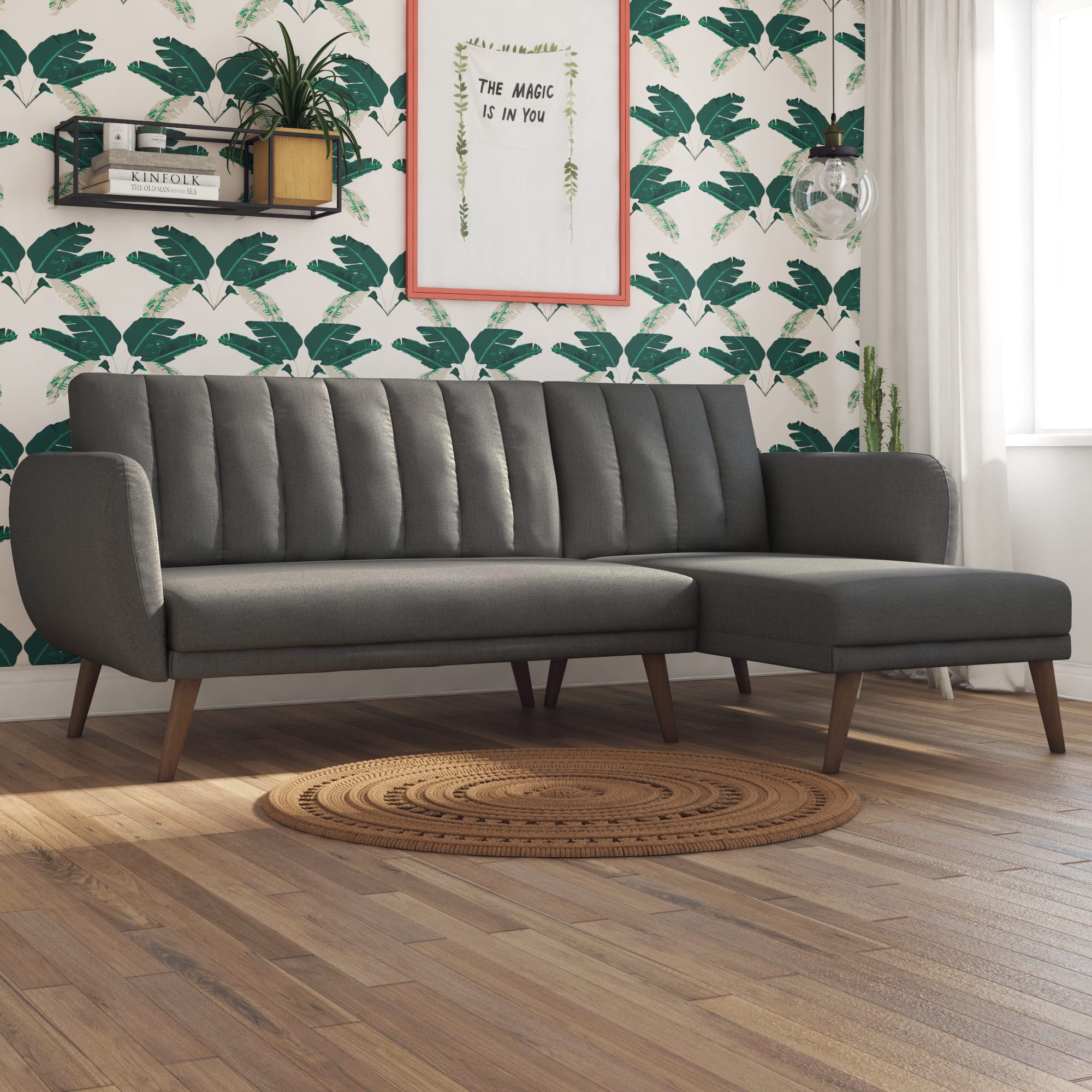 Novogratz Brittany Sectional Sofa Bed - Linen D/Grey, Grey - Wooden Legs