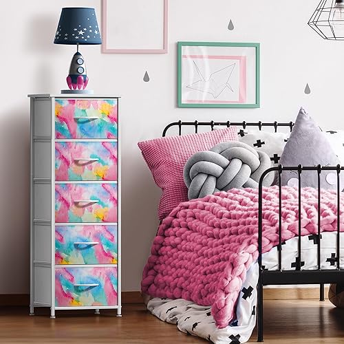 Miniatura 2 de Sorbus Cómoda para niños con 5 cajones, organizador de cofre de almacenamiento, mesita de noche, marco de acero, parte superior de madera,