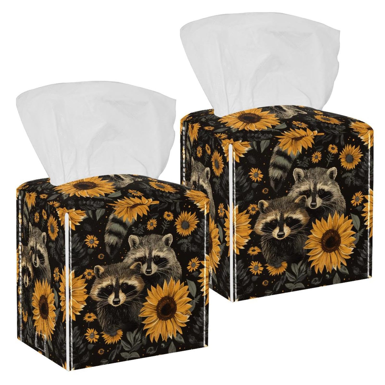 Raccoon Sunflowers Tissue Box Cover, 2 Pack PU Leather Square Facial Tissue Dispenser Box holder for Home Office Car