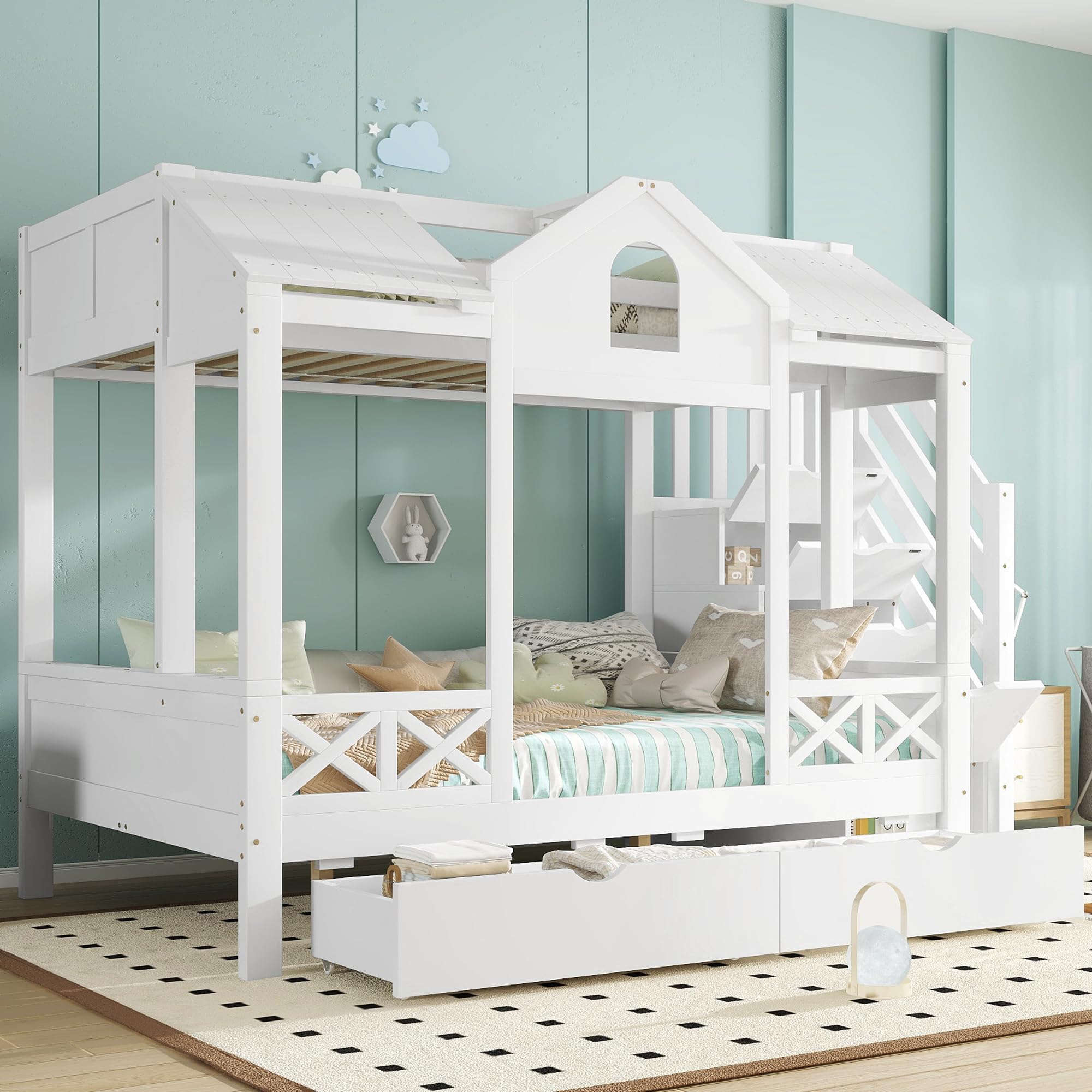 Letto a Castello per Bambini 90x200cm e 140x200cm, Letto Matrimoniale con Scala Contenitore e 2 Cassetti, Belle Finestre e Tetto, Strutture letto in Pino, Bianco(Senza materasso)