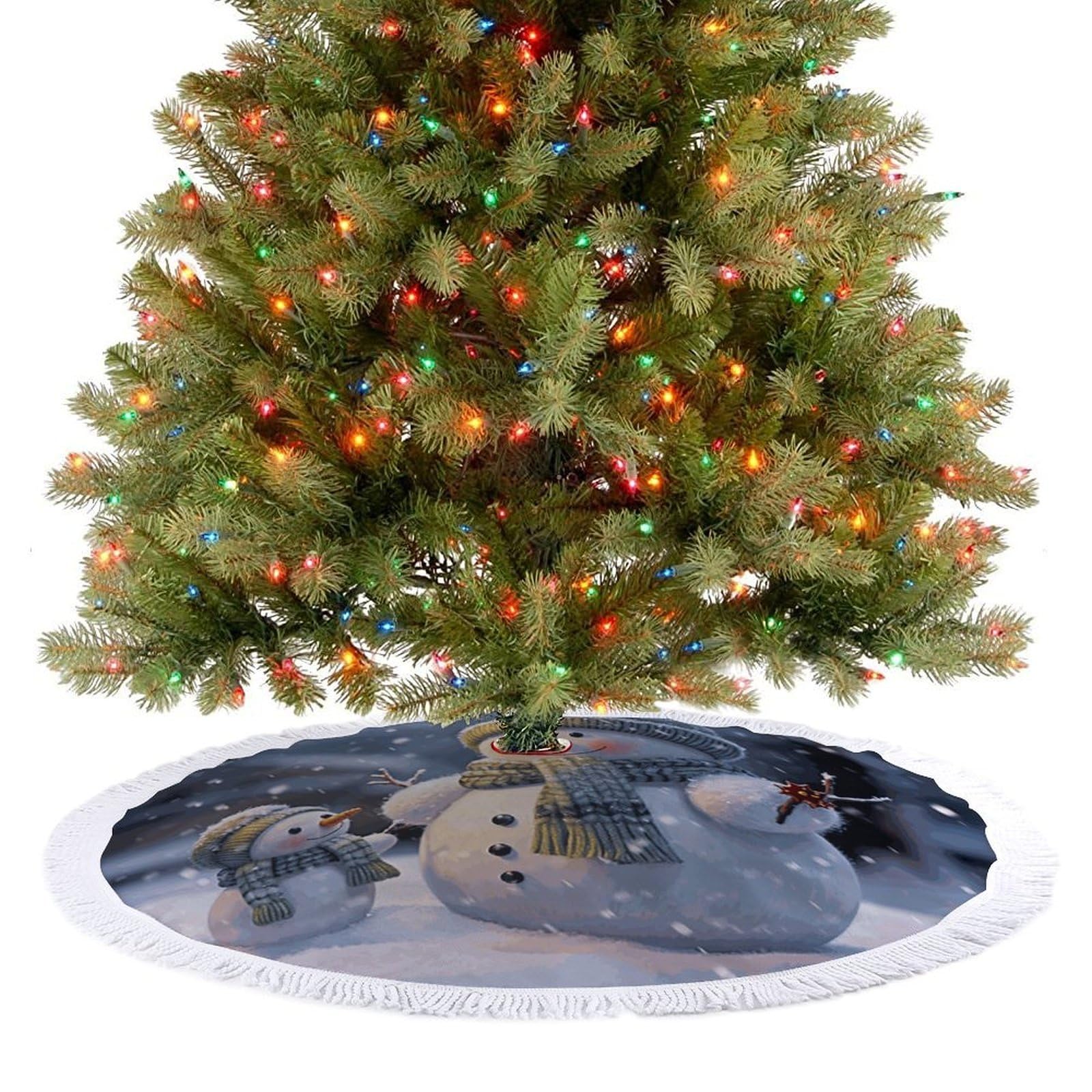 Winter Snowman Christmas Tree Skirt 48"x48" Rustic Xmas Tree Mat with Tassel Ornament Christmas Trees Cover Skirt Mat for Evergreen Trees Ornament Winter Holiday Mats Decorations