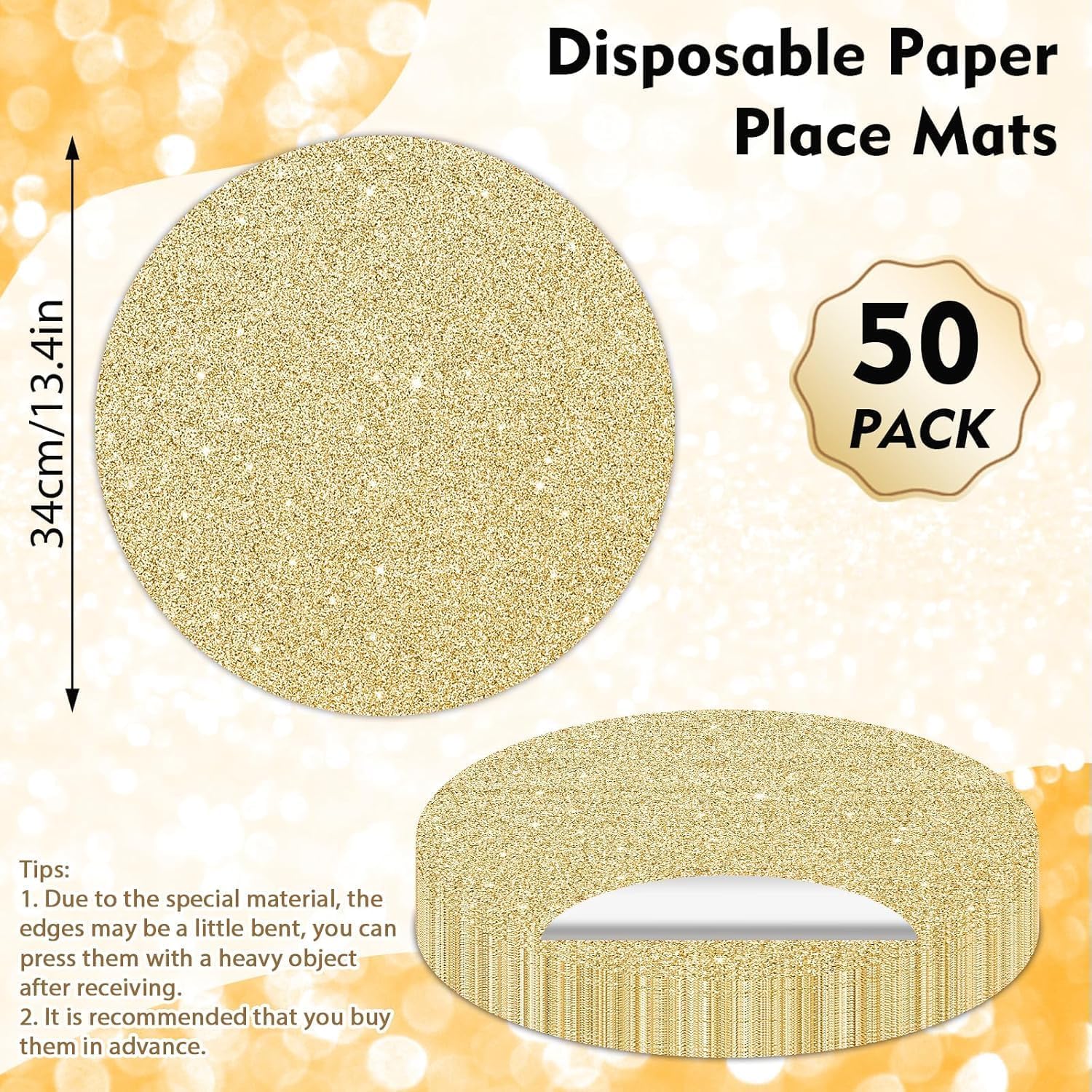 Lot de 50 Sets de Table en Papier Ronds Pailleté Doré Sets de Table s Ronds doré Clair, 35 cm, Décoratifs pour Fête, Or Clair - Maison