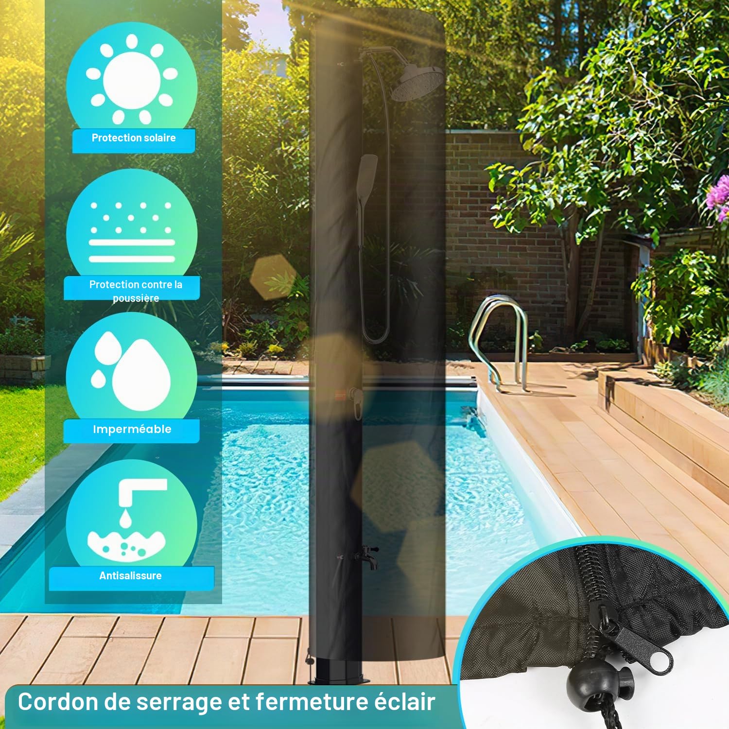 Randaco Douche Solaire de Jardin - Eau Chaude jusqu'à 60 °C - sans raccordement électrique - Douche de Piscine - Camping avec douchette à Pied et douchette à Main - Tête de Douche à Effet Pluie