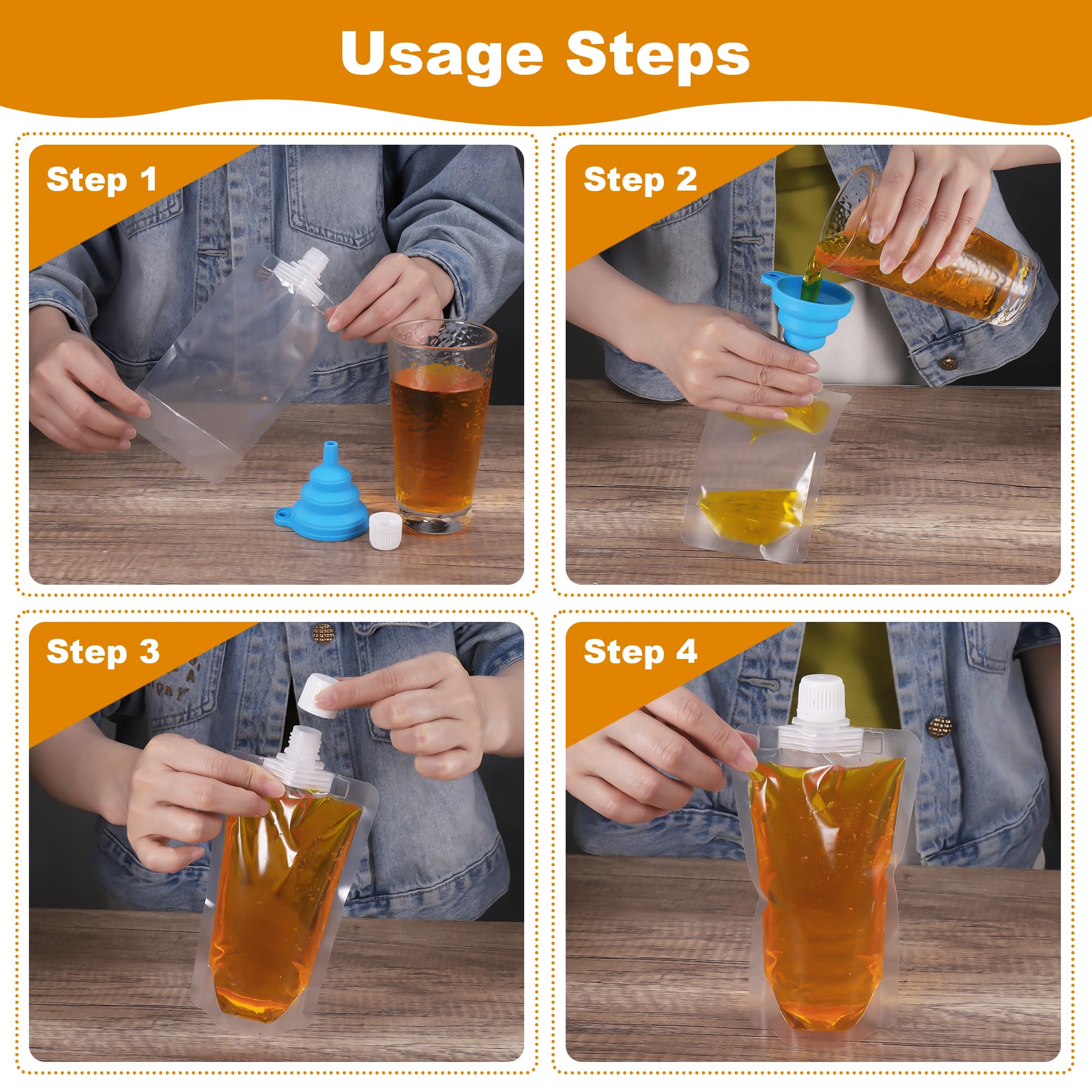 30 Pezzi Sacchetti per Bevande 250ml, Sacchetto per Bevande Usa e Getta con 2 Imbuti in Silicone, Saccheti Portatili per Liquidi, Sacchetti per Alcolici per Feste, Picnic, Viaggi, Sport