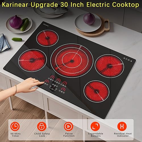 Miniatura 2 de Karinear - Placa de cocina eléctrica de 30 pulgadas, sensor táctil mejorado de 5 quemadores, estufa eléctrica de cerámica incorporada, pausa,