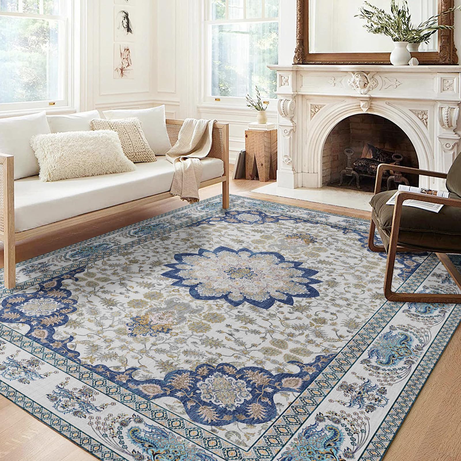 Bohemian Washable Area Rug, Large Carpet for Living Room & Bedroom, 8'x 10' Blue