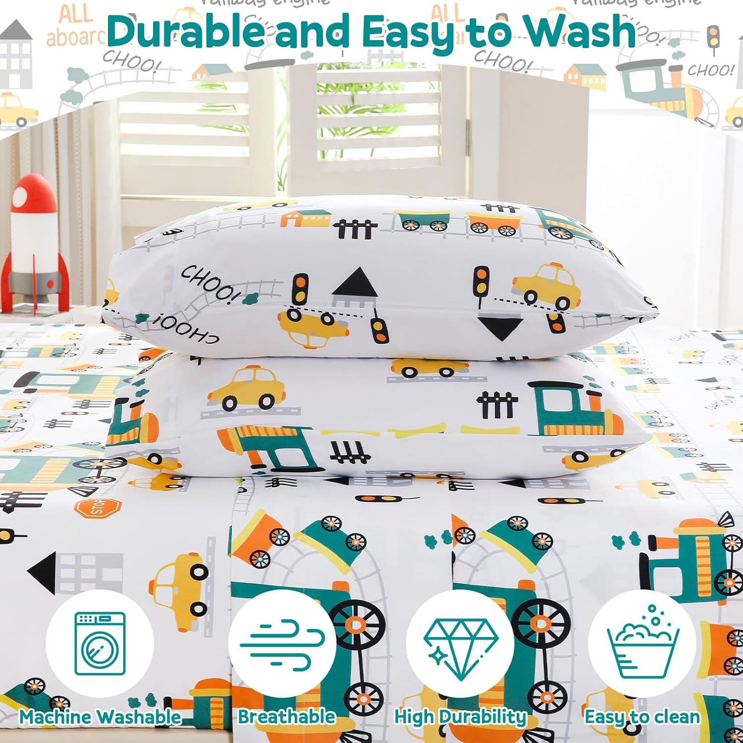 Queen Sheet Set Kids,4 Pieces Breathable Soft Microfiber Bedsheets for Child Boys Girls, Anti Pilling Deep Pockets Easy Care Bed Sheets, Train