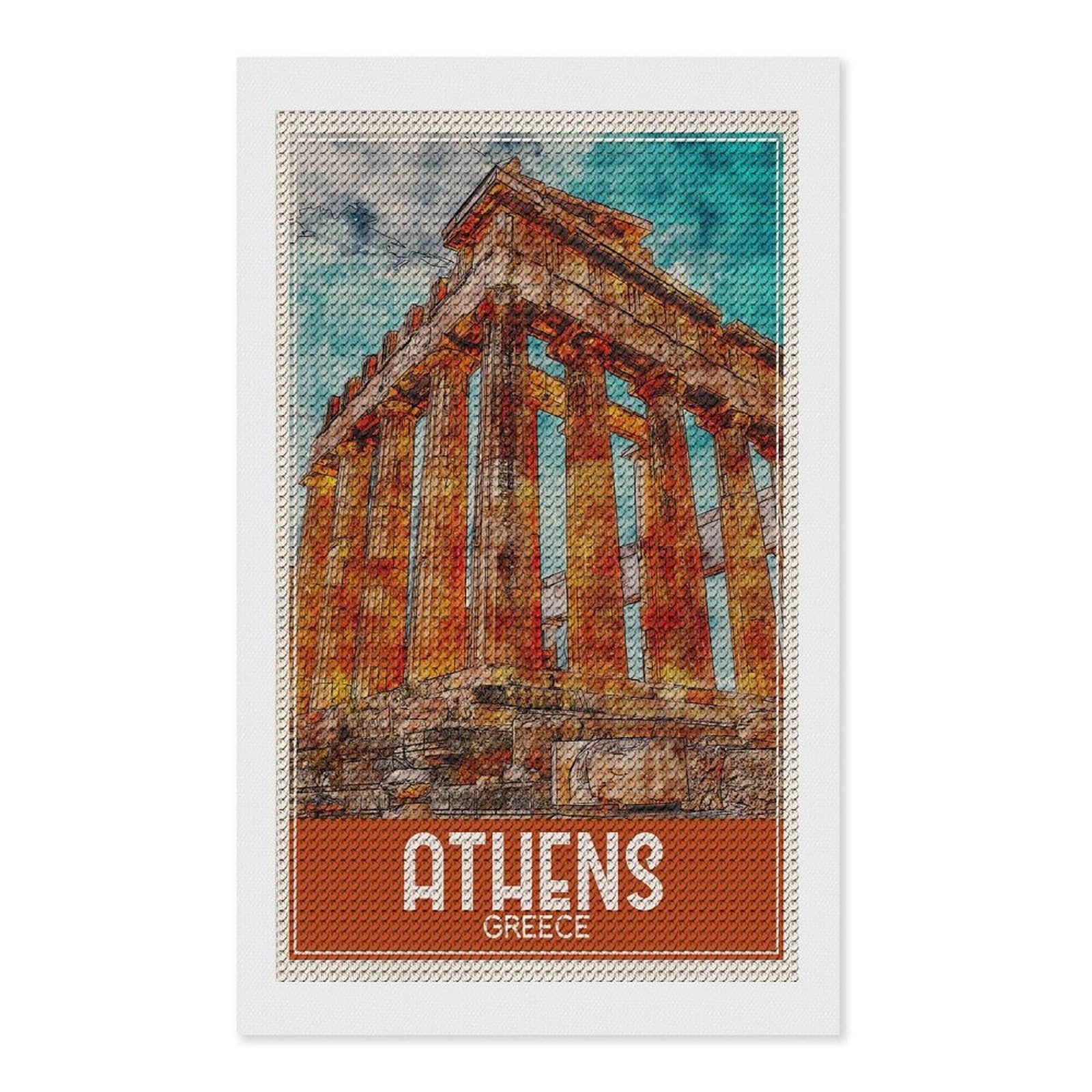 Junmoney Travel Art Athens Greece Diamond Painting Canvas Set 12"x20", with Tool Kit, Easy to Enjoy, Home Wall Decor, Thoughtful Handmade Gift