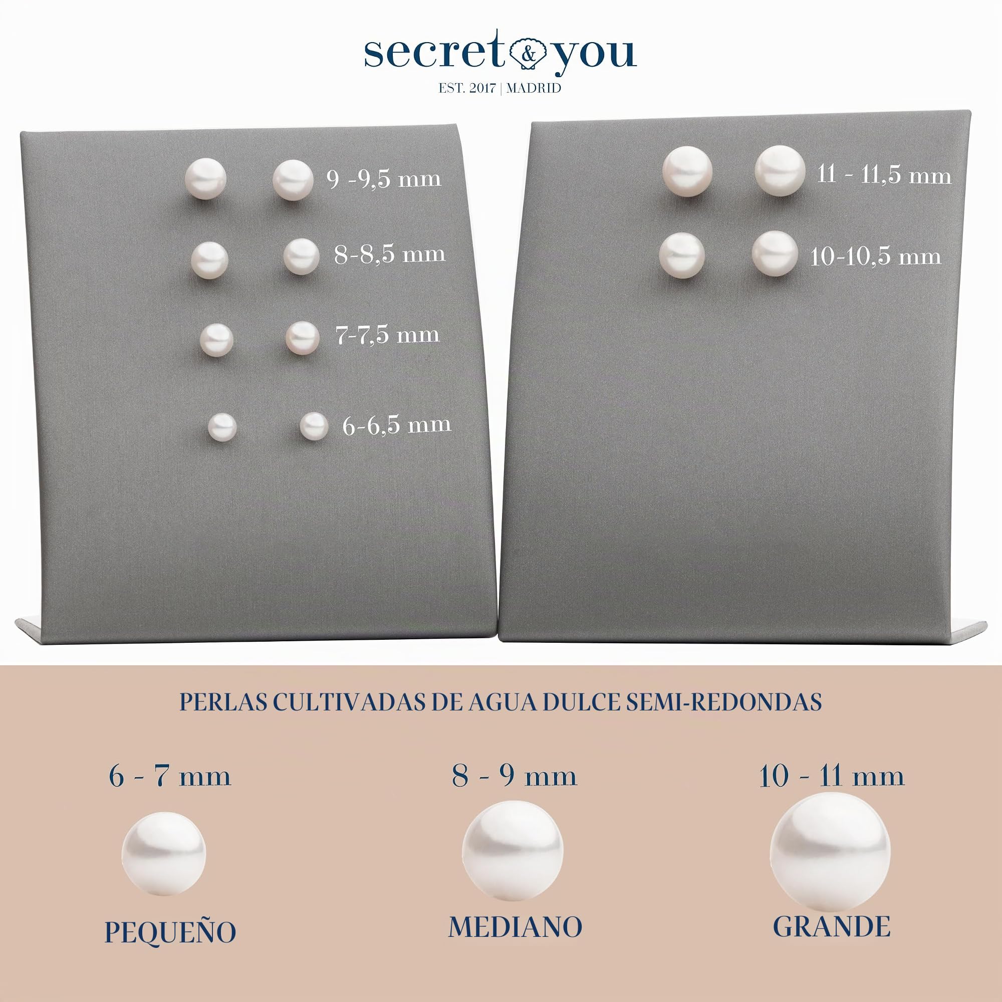 SECRET & YOU Pendientes Mujer Perlas Cultivadas Agua Dulce Semi Redondas| Tuerca y Pasador Grandes Plata de Ley 925