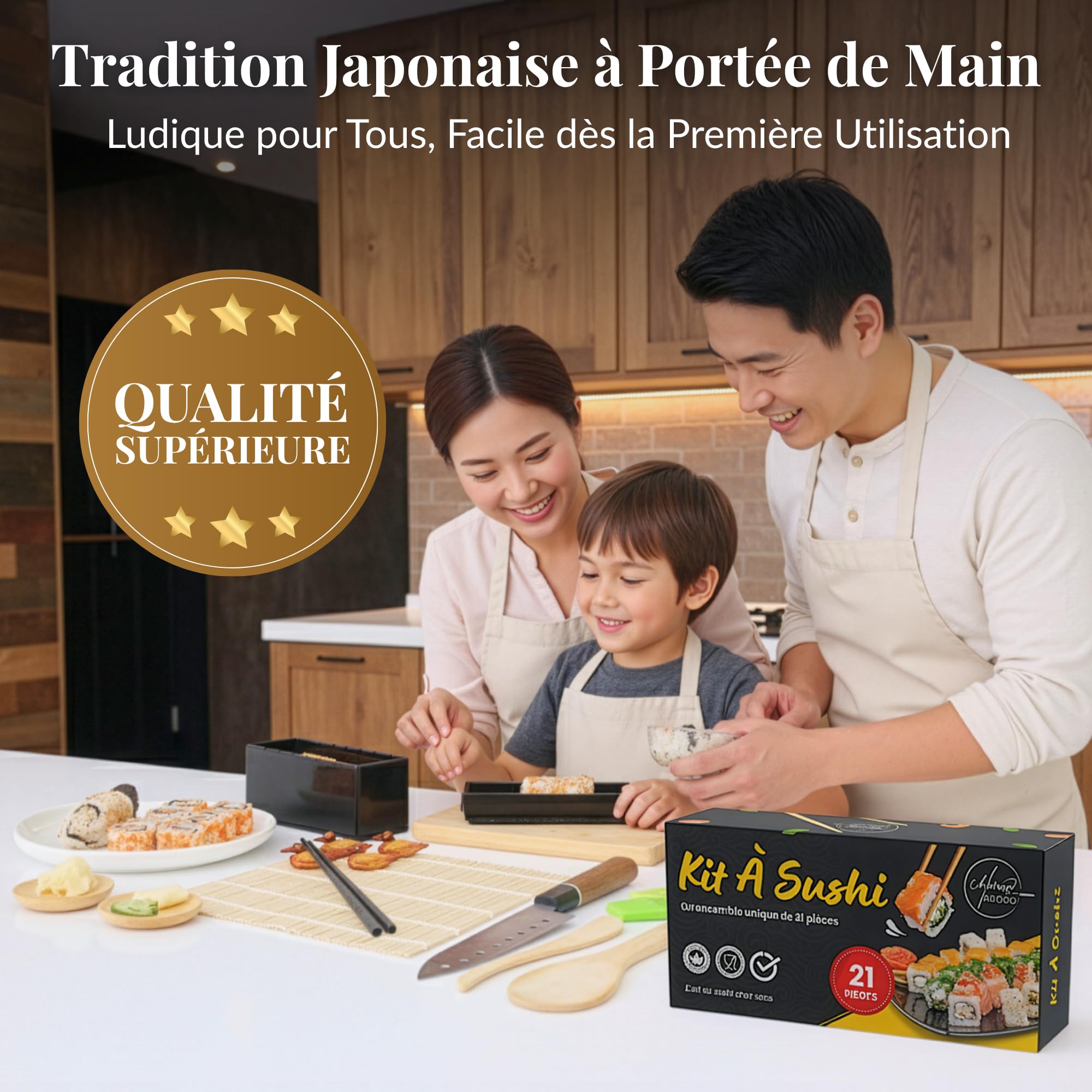 Kit Sushi Completo Premium con Stampi, Coltello, Tappetino in bambù e Accessori – Sushi Maker, Kit Sushi Fai da Te, Stampo Sushi, Set Giapponese per Casa