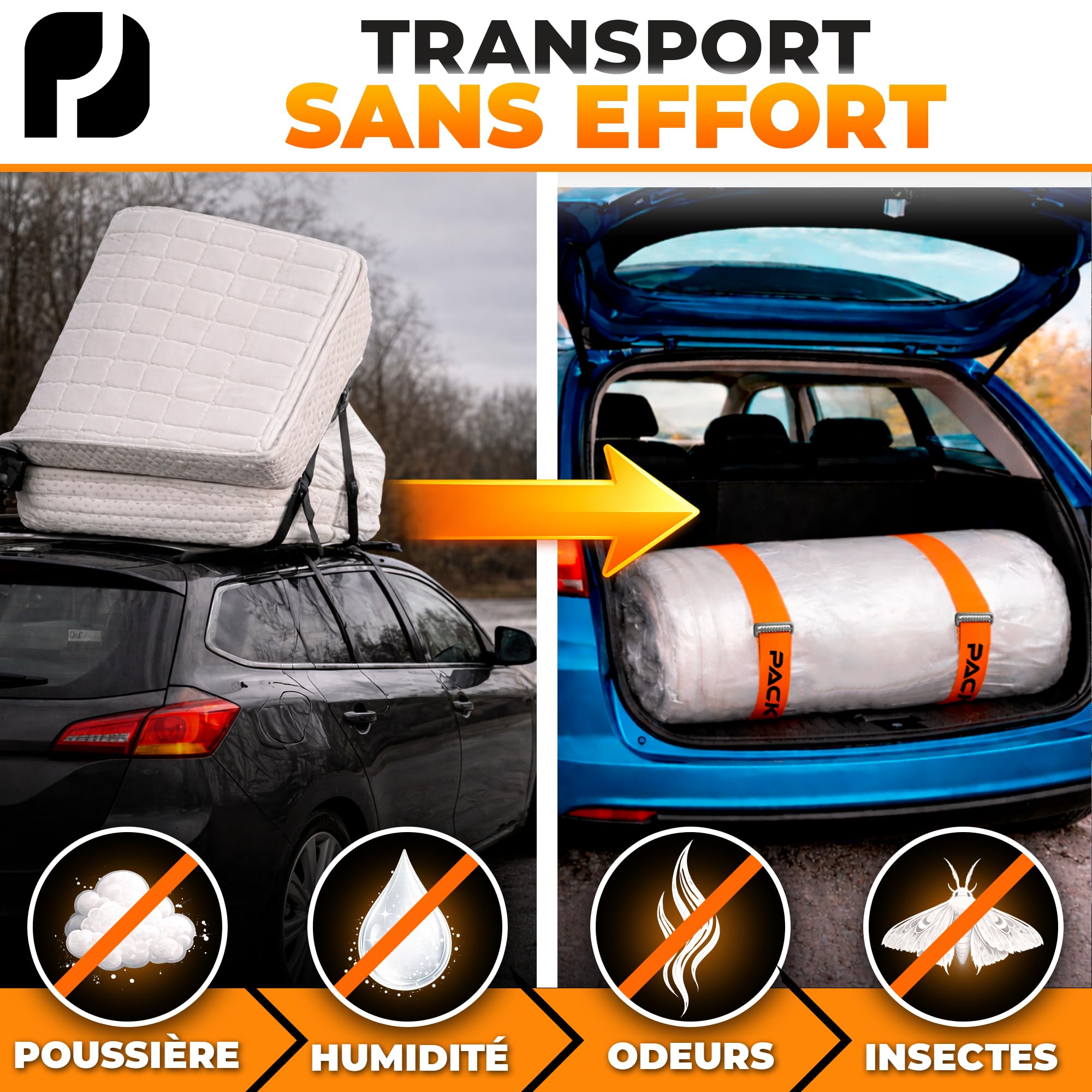 Sacs Sous Vide Matelas Jusqu'à 200x160cm (Taille du sac : 240x200cm) I XXL Sacs Matelas Sous Vide pour Matras en Mousse, Gel et Latex I Mattress Vacuum Bag I 1x Sac avec Sangles de Serrage