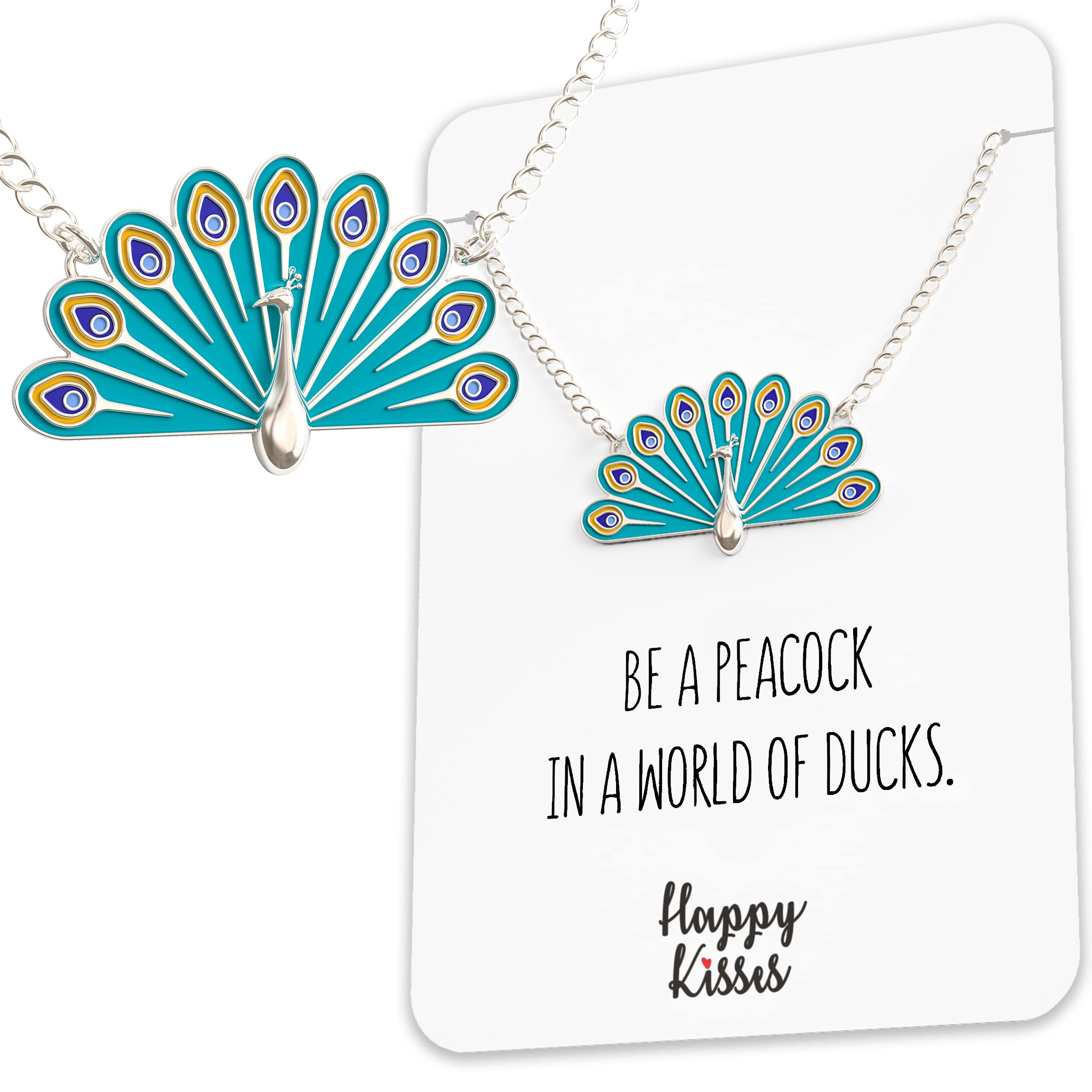 Happy Kisses Peacock Necklace with Gift Card– Stunning Teal Blue Feathers Jewelry Pendant, Silver or Gold Plated – Charm for Girls and Women
