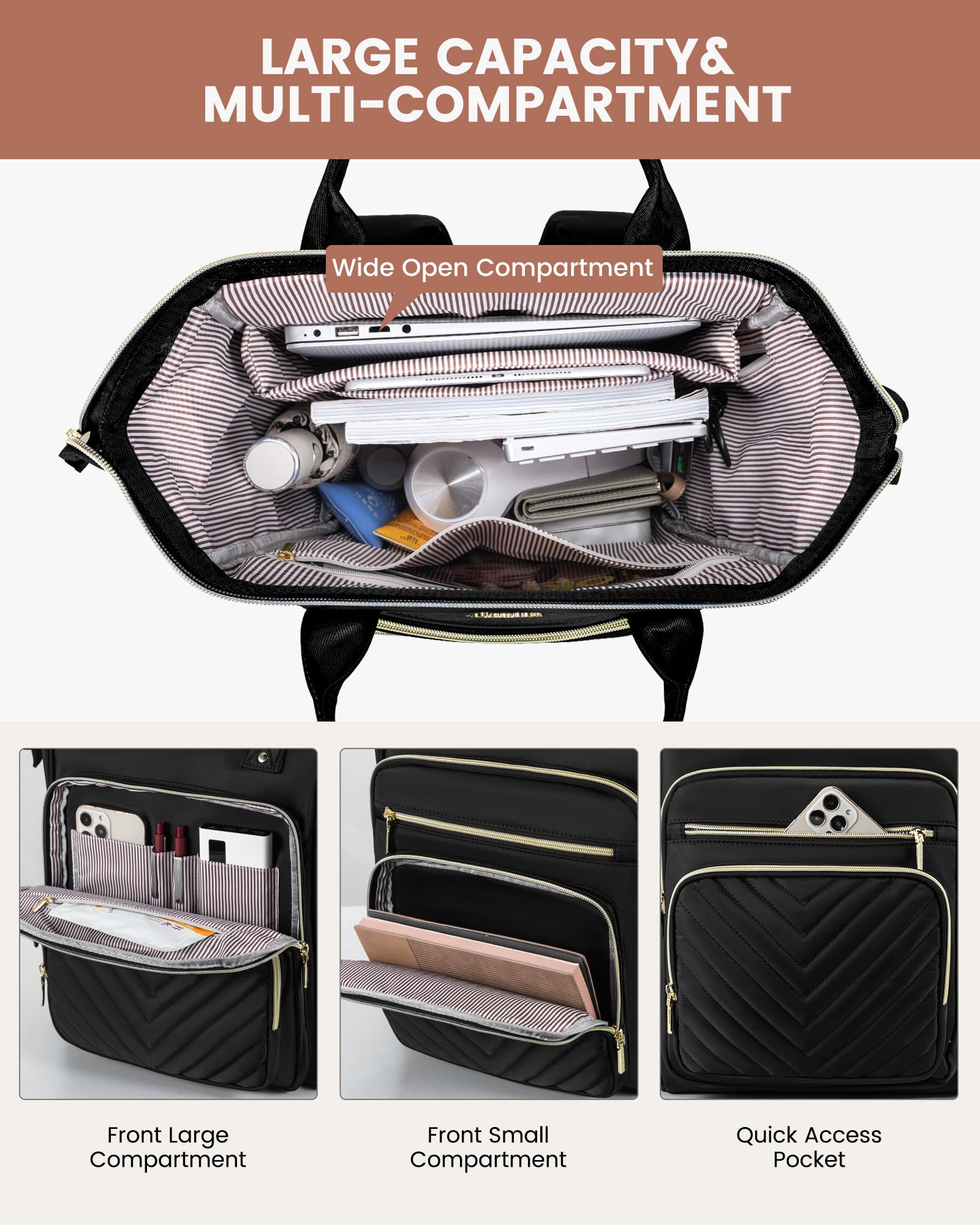 LOVEVOOK Rucksack Damen, 15,6 Zoll Laptop Schulrucksack Mädchen Wasserdicht, Elegant Arbeitstasche Lehrertasche Reiserucksack, Schultasche Tagesrucksack Backpack Women für Uni Büro Reise, Schwarz