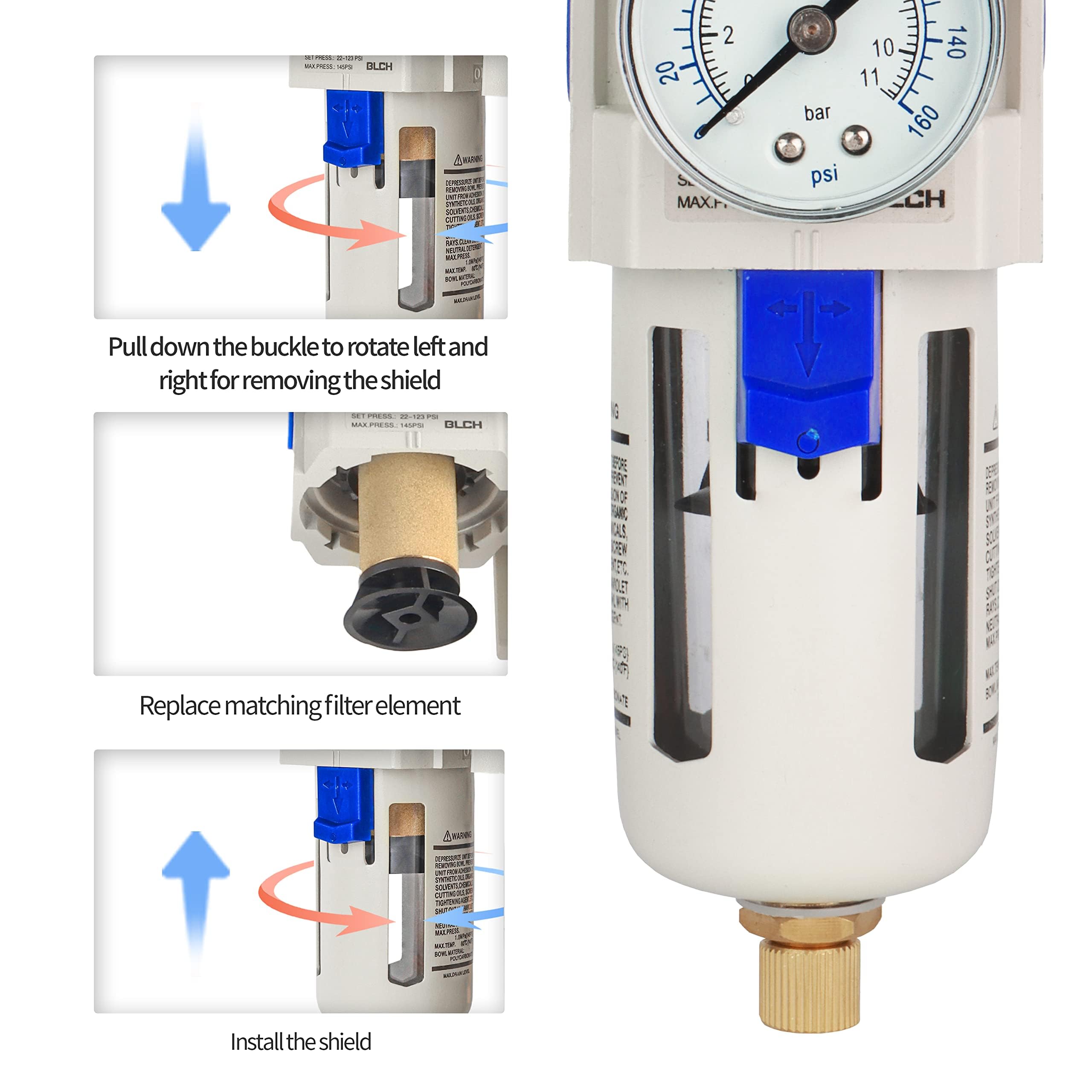 BLCH 3/8" BSP Drucklufttrockner - Druckregler und Kompressorfilter AW3000-03 mit halbautomatischem Wasserablass, Polycarbonat-Behälter, Manometer (0-160 PSI) und 5μm Messingfilter.
