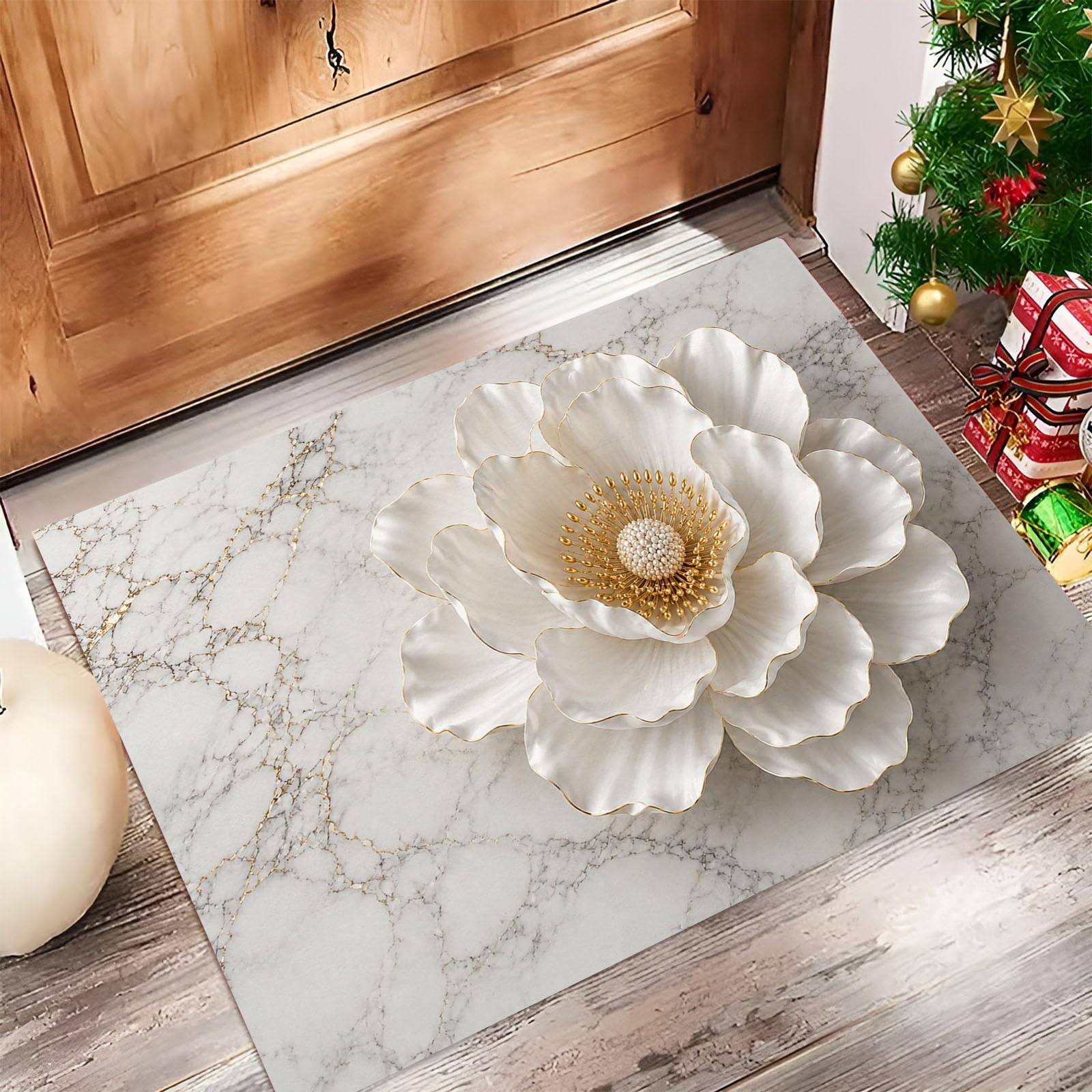 Felpudo Ultrafino Para Interiores, 80X120Cm, Relieve Floral De Lujo En 3D Alfombra Antideslizante Lavable Para Entrada, Grieta Elegante De Mármol Felpudo De Perfil Bajo, Atrapa Suciedad, Beige