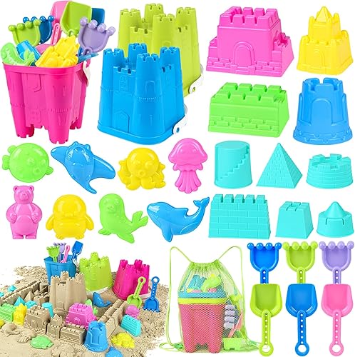 Juguetes de playa para niños pequeños, juguetes de castillo de arena con 3 cubos, 6 palas, bolsa de malla y moldes para caja de arena, juguetes de