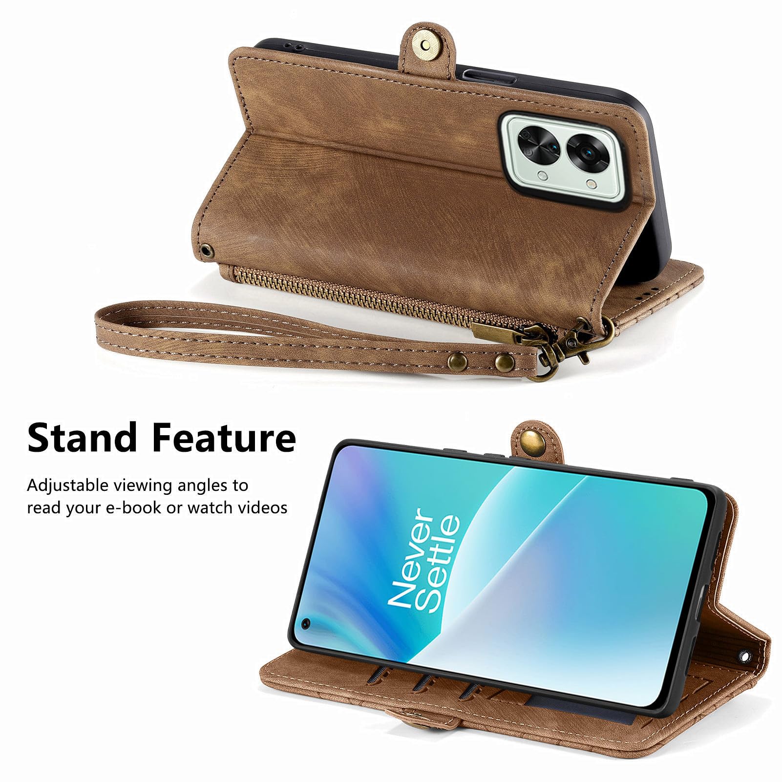 Asuwish Phone Case for OnePlus Nord 2T 5G Wallet Cover with Tempered Glass Screen Protector and Flip Zipper Credit Card Holder Stand Cell One Plus On 1 Plus 1plus One+ 1+ Nord2T T2 Women Men Brown - Image 3