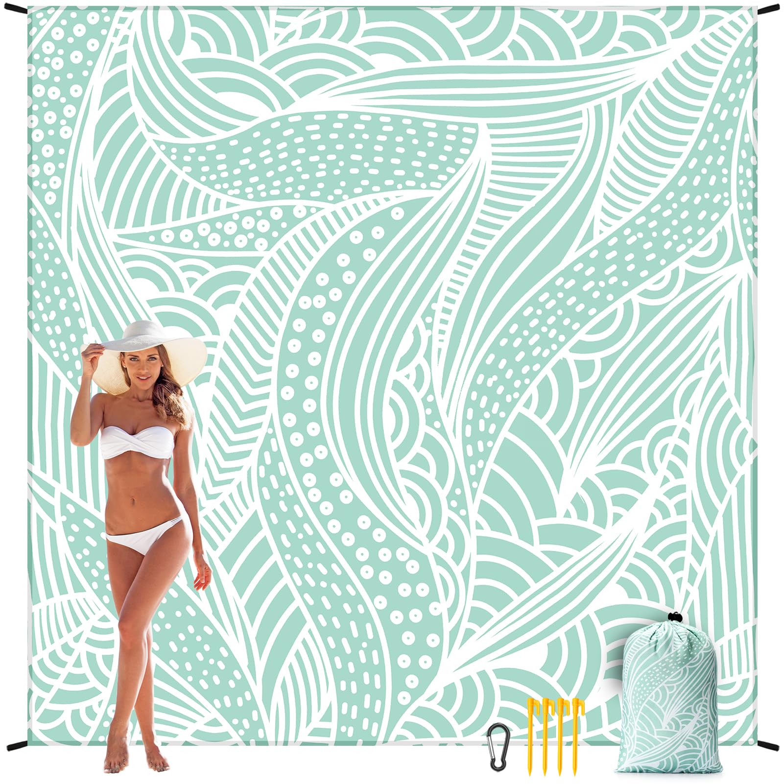 HIHOHO Beach Blanket, Sandproof Beach Mat, Waterproof Quick Drying Lightweight Outdoor Aztec Picnic Mat 79" X 83"/120"x108" for 2-8 Adults for Travel, Camping, Hiking