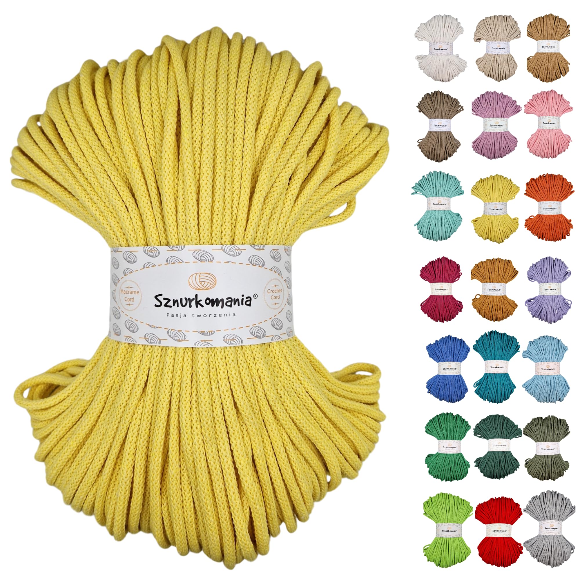 Braided Cotton Cord 5 mm 100 m, 46 Colours, Crochet Cord, Macrame Cord, Macrame Yarn, Premium Yarn, Macrame Rope, Sznurkomania (Lemon)