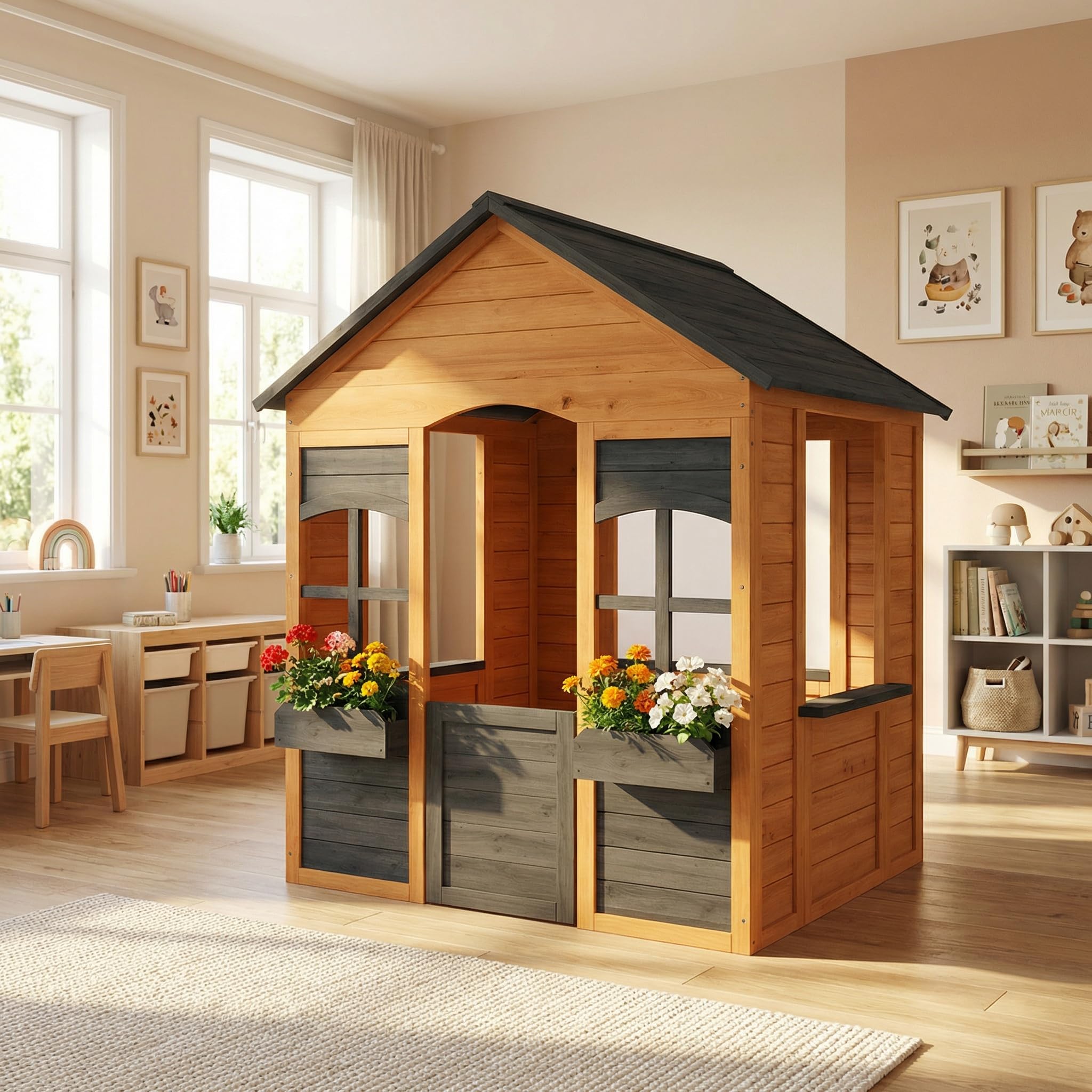 AIYAPLAY Casetta da Giardino per Bambini 3-8 Anni con Tetto, Marrone Chiaro | Legno di Abete, Esterno Interno, Mezza Porta, Finestre, Portavasi, 110.6x106.6x138 cm